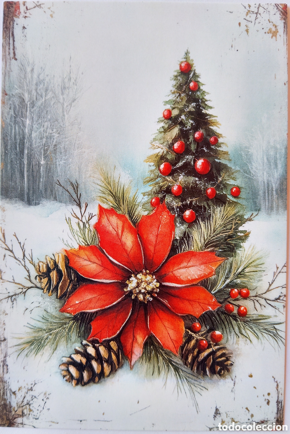 Postales: POSTAL NAVIDAD - &Aacute;RBOL FLOR DE PASCUA PAISAJE NEVADO - ESTILO ANTIGUO