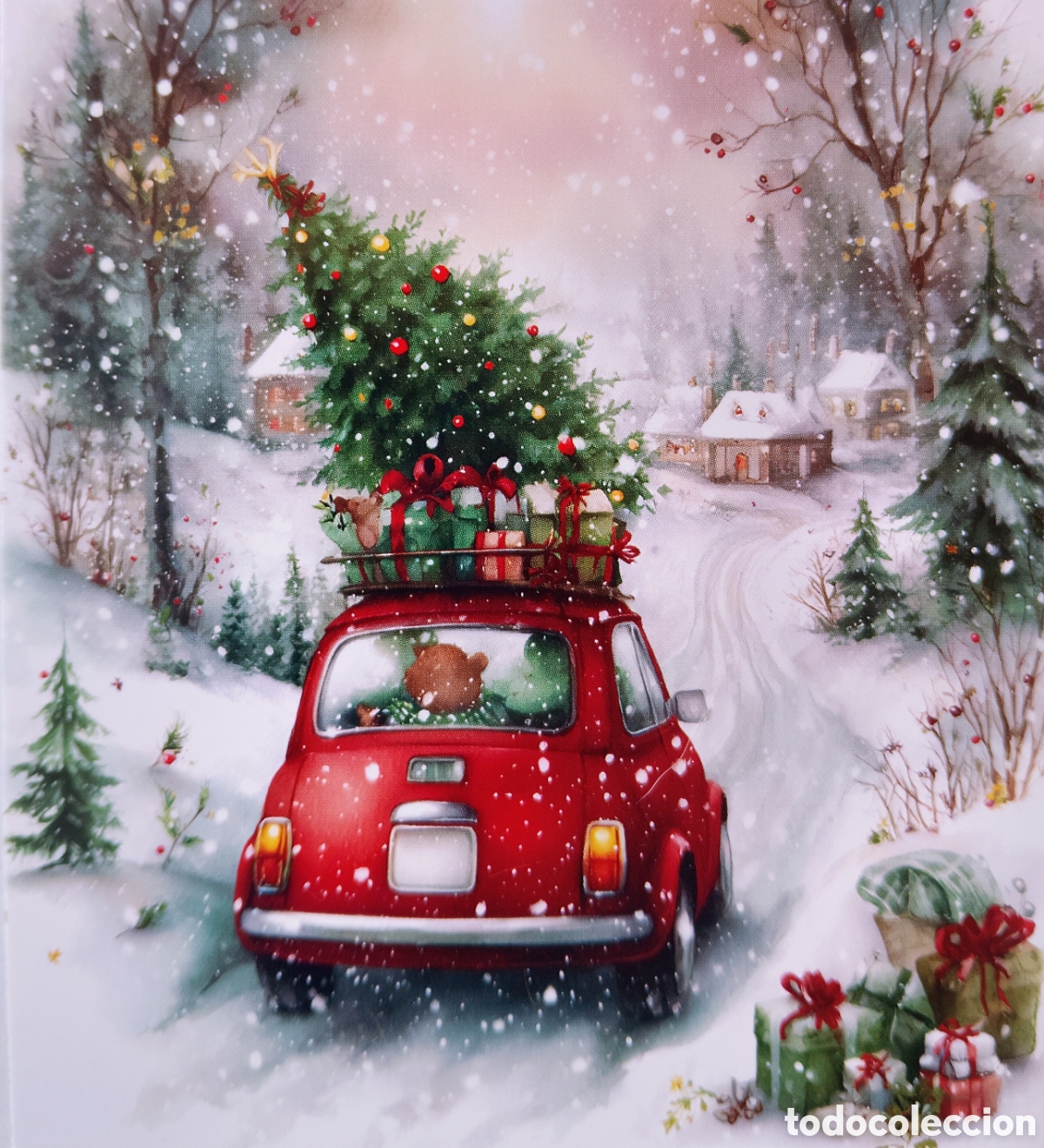 Postales: POSTAL NAVIDAD - COCHE &Aacute;RBOL PAISAJE NEVADO - ESTILO ANTIGUO