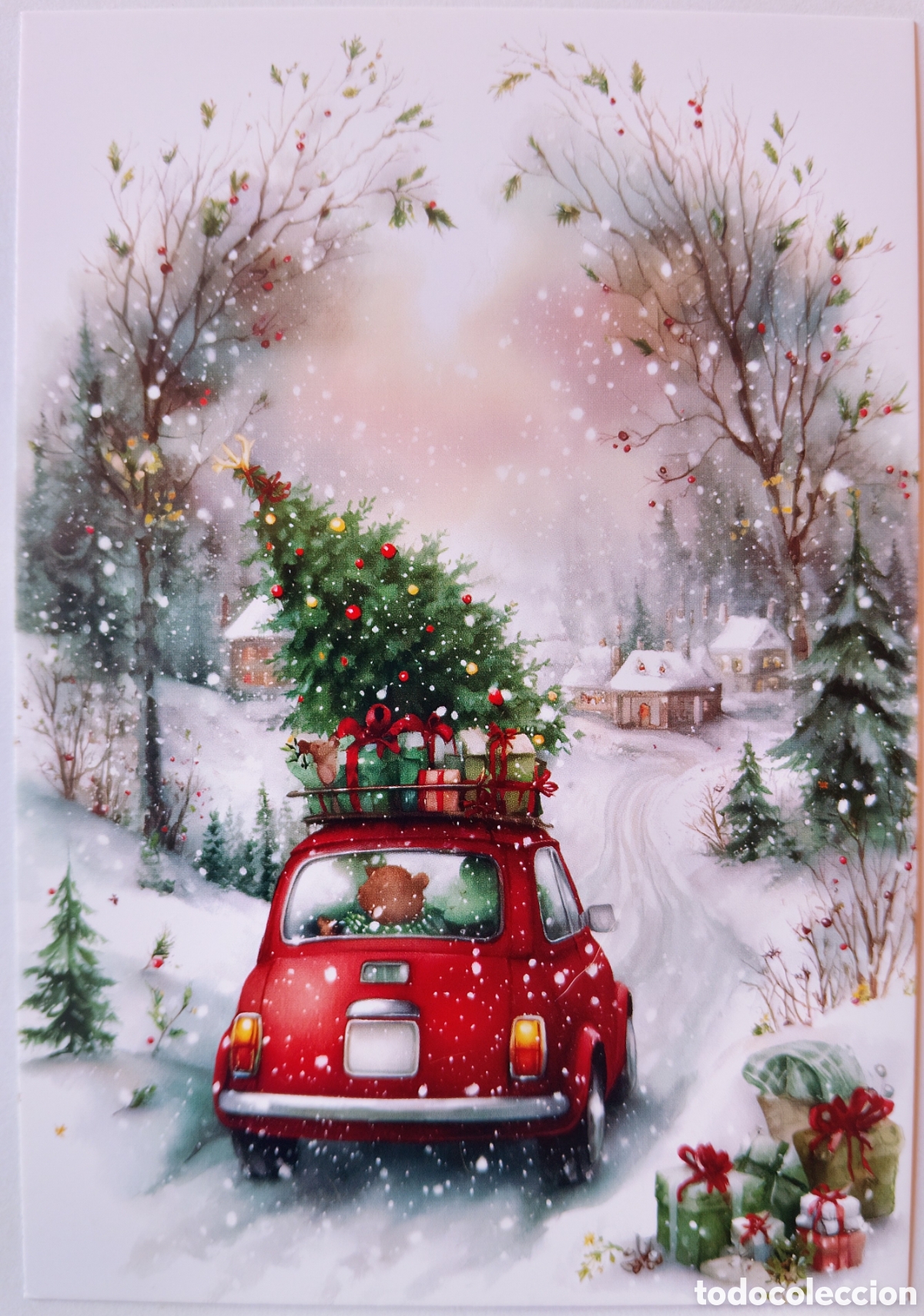 Postales: POSTAL NAVIDAD - COCHE &Aacute;RBOL PAISAJE NEVADO - ESTILO ANTIGUO