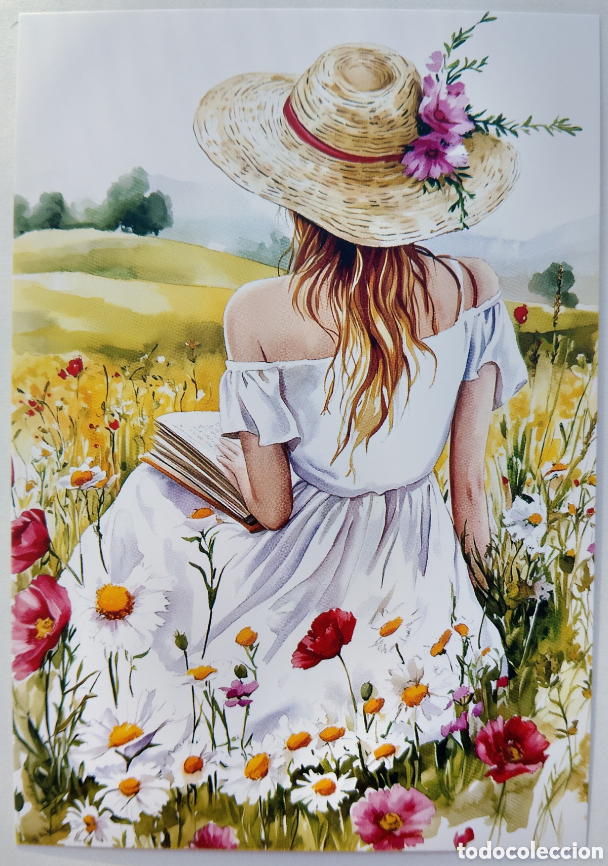 Postales: POSTAL NAVIDAD - CHICA LEYENDO CAMPO FLORES - ESTILO ANTIGUO