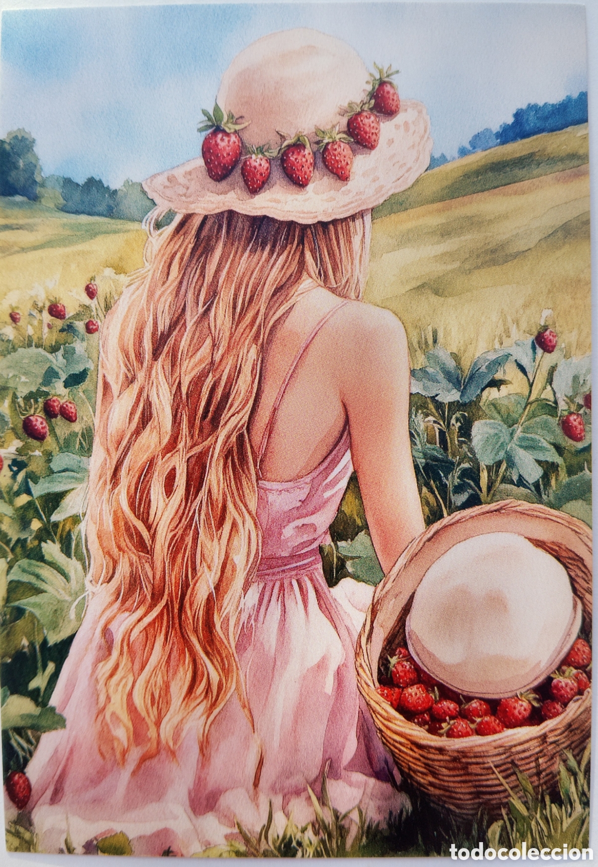 Postales: POSTAL NAVIDAD - CHICA SOMBRERO CAMPO FRESAS - ESTILO ANTIGUO