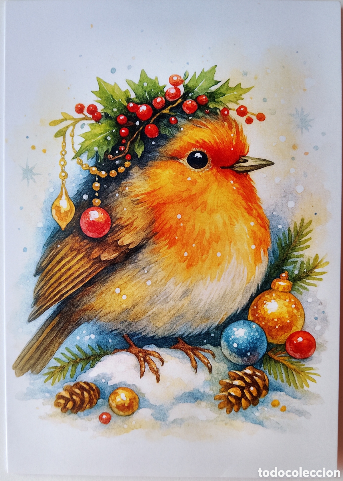 Postcards: FELICITACI&Oacute;N NAVIDAD - PAJARITO PETIRROJO ADORNOS PAISAJE NEVADO