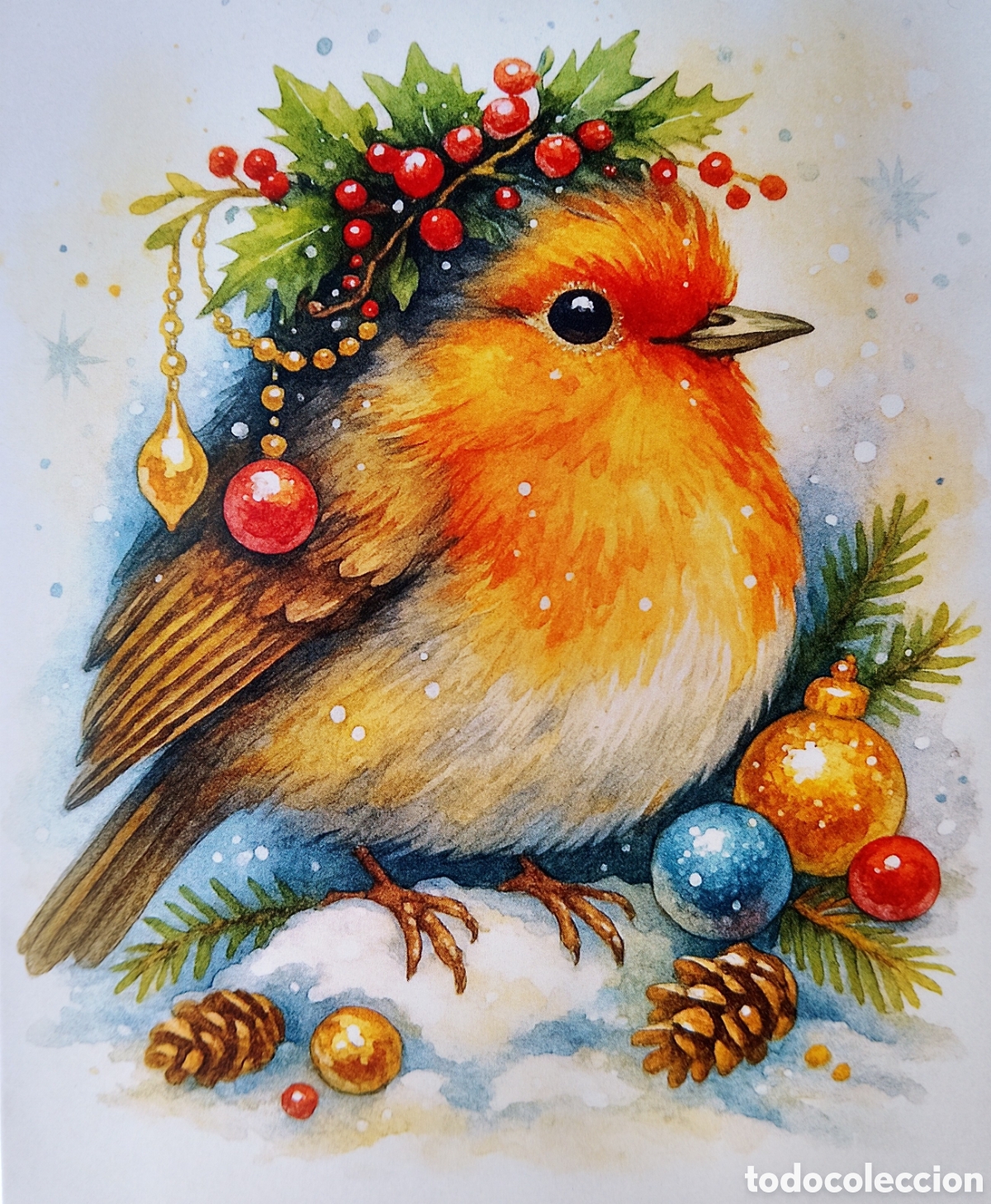 Postales: FELICITACI&Oacute;N NAVIDAD - PAJARITO PETIRROJO ADORNOS PAISAJE NEVADO
