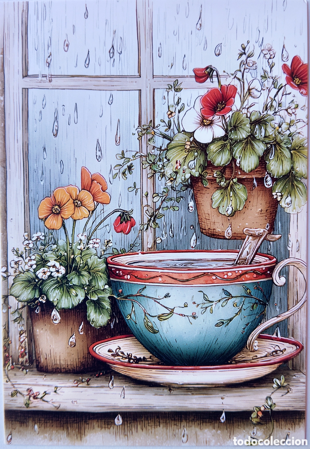 Postales: POSTAL NAVIDAD - DETALLE TAZA FLORES LLUVIA - ESTILO ANTIGUO