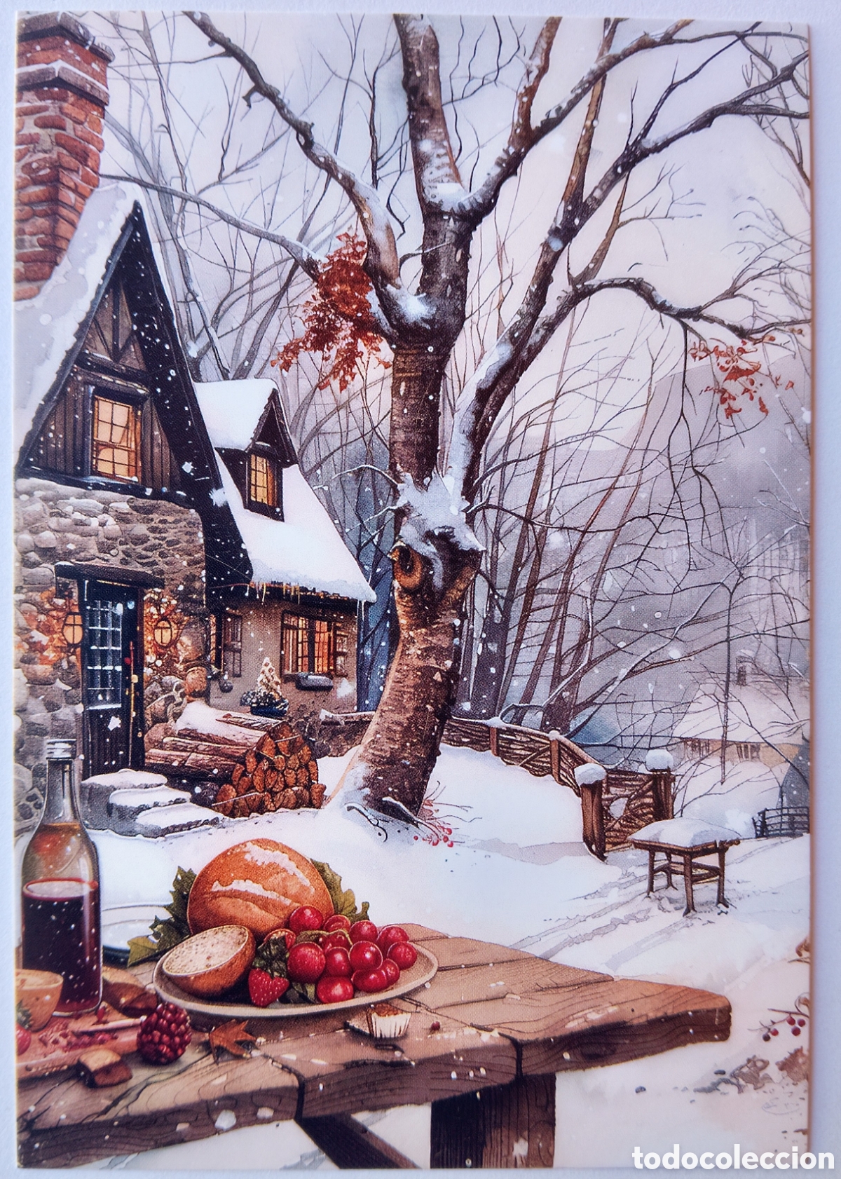 Postales: POSTAL NAVIDAD - DETALLE COMIDA CASA PAISAJE NEVADO - ESTILO ANTIGUO