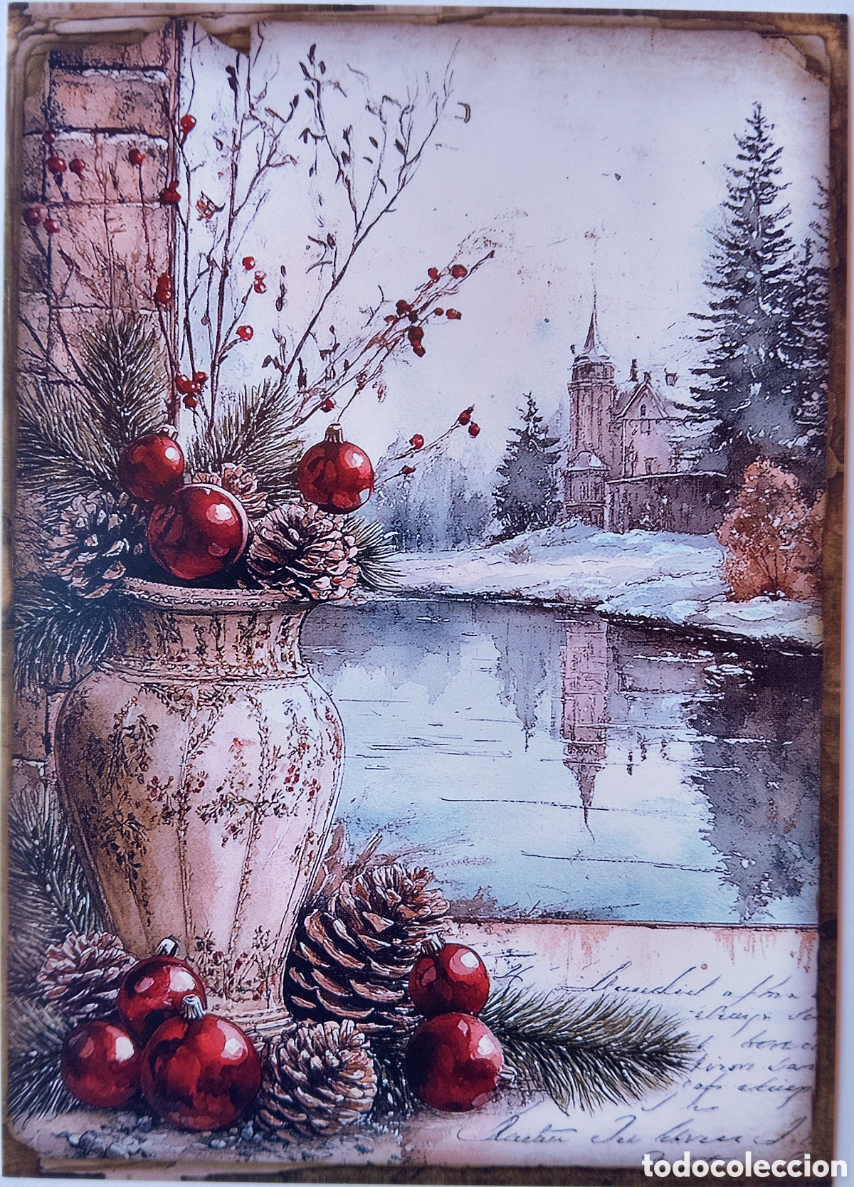 Postales: POSTAL NAVIDAD - DETALLE JARR&Oacute;N ADORNOS PAISAJE NEVADO - ESTILO ANTIGUO
