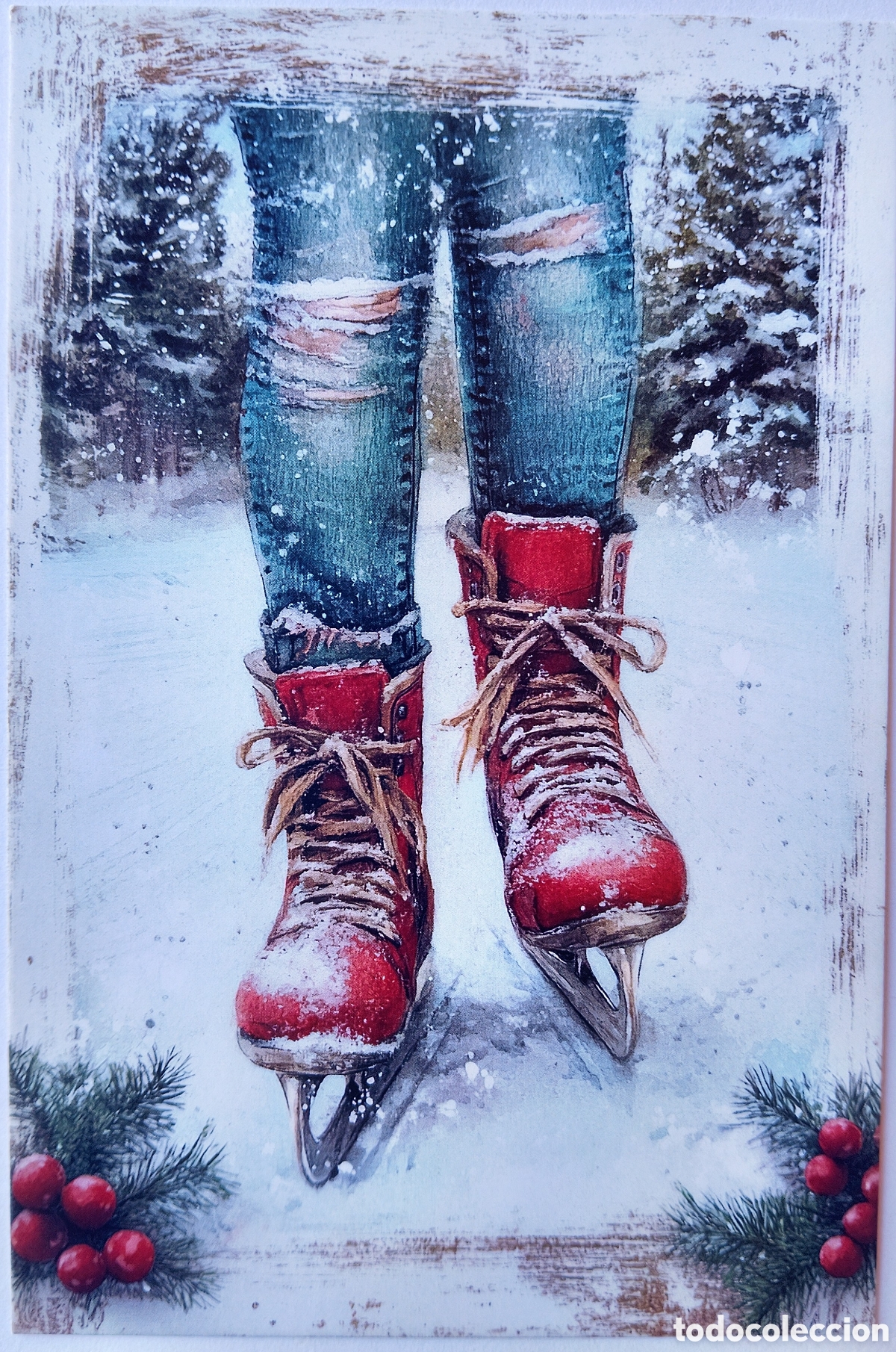 Postales: POSTAL NAVIDAD - DETALLE PATINES DE HIELO PAISAJE NEVADO - ESTILO ANTIGUO