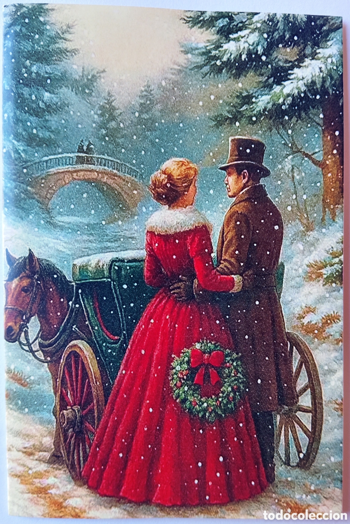 Postales: FELICITACI&Oacute;N NAVIDAD - PAREJA VICTORIANA CABALLO PUENTE PAISAJE NEVADO - ESTILO ANTIGUO