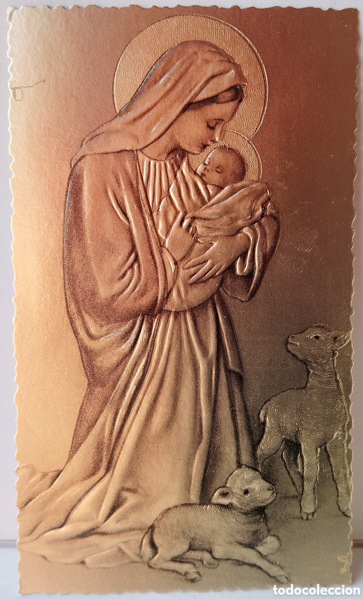 Postales: FELICITACI&Oacute;N NAVIDAD METALIZADA RELIEVE ANTIGUA - VIRGEN NI&Ntilde;O OVEJITAS