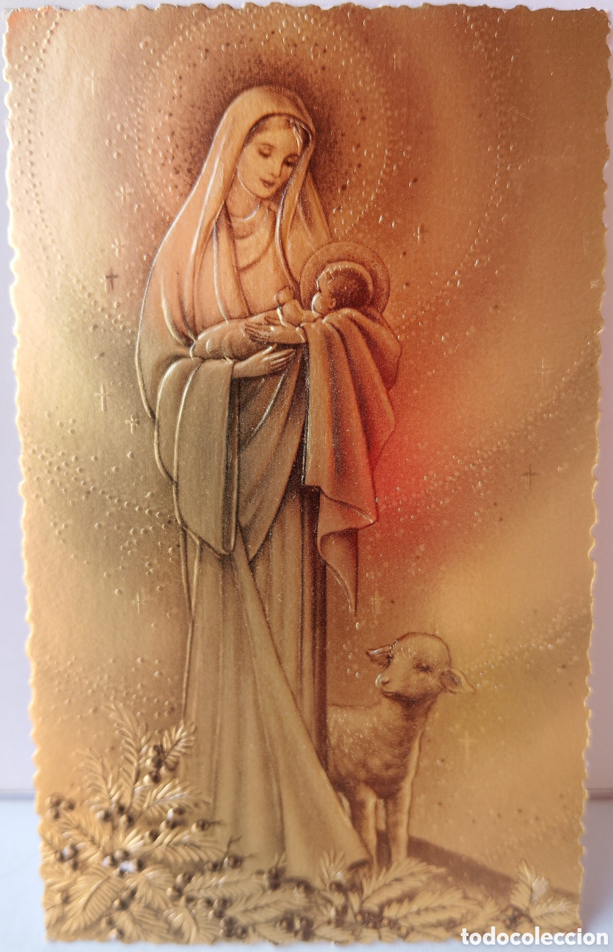 Postales: FELICITACI&Oacute;N NAVIDAD METALIZADA RELIEVE ANTIGUA - VIRGEN NI&Ntilde;O OVEJITA