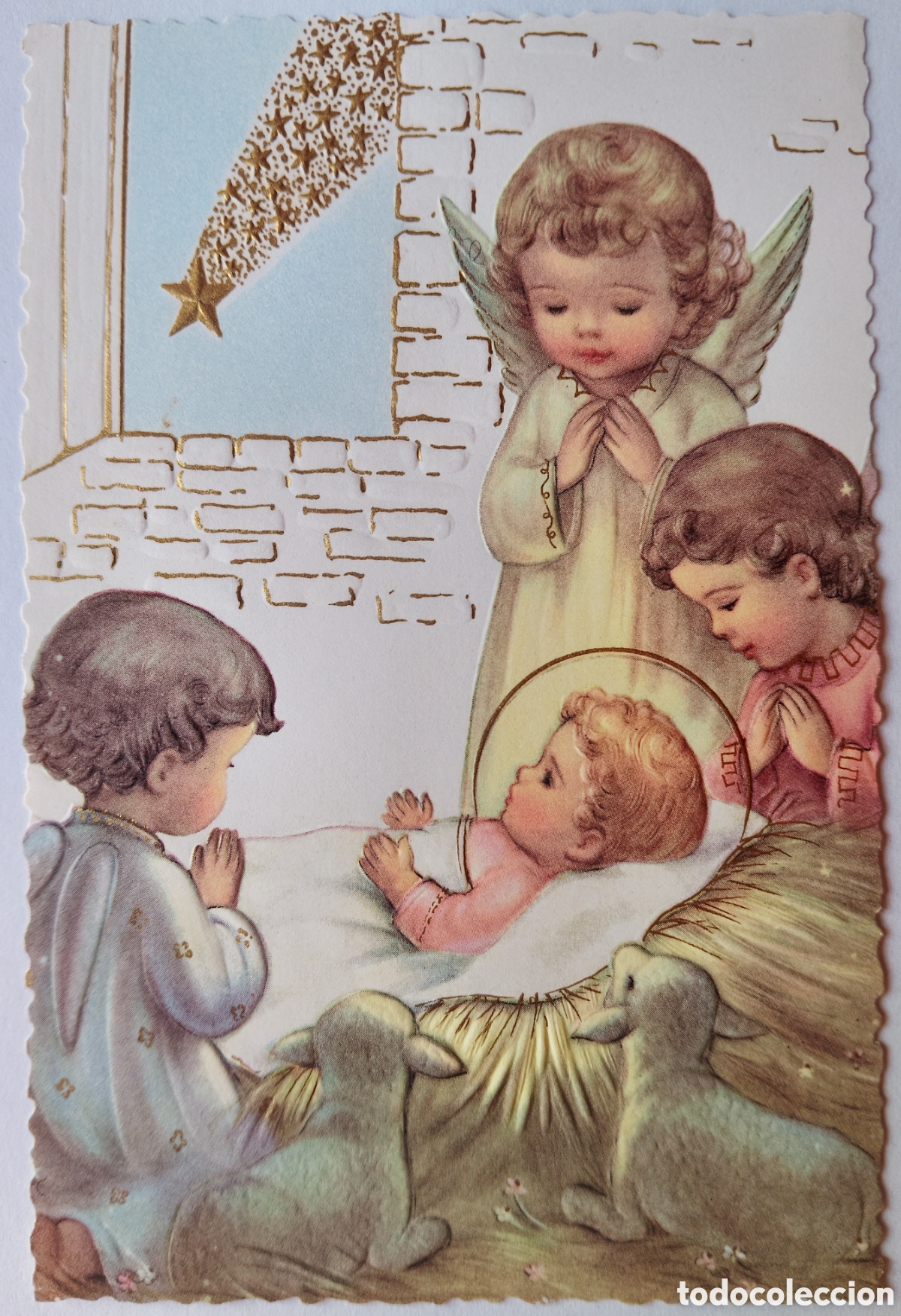 Postales: FELICITACI&Oacute;N NAVIDAD RELIEVE ANTIGUA - NACIMIENTO ANGELITOS PESEBRE