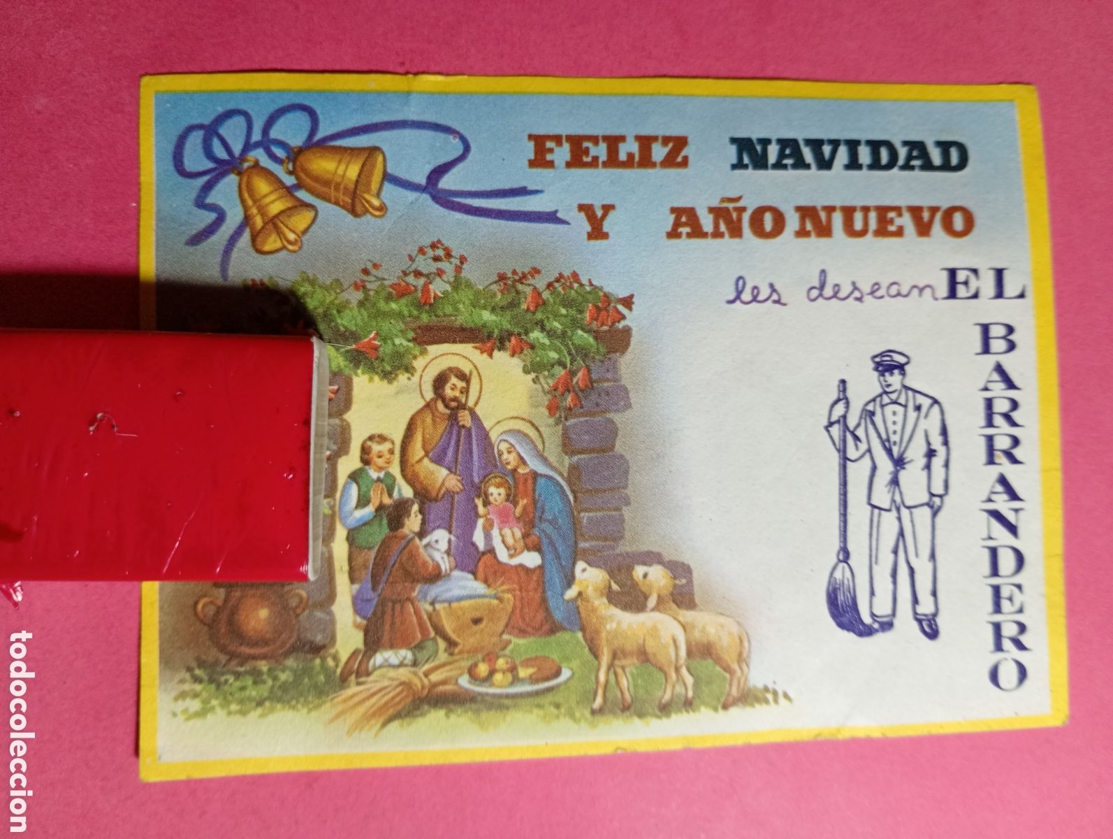 Postales: feliz navidad y a&ntilde;o nuevo les desea el barrendero 1974 nacimiento y en reverso poemilla felicitaci&oacute;n