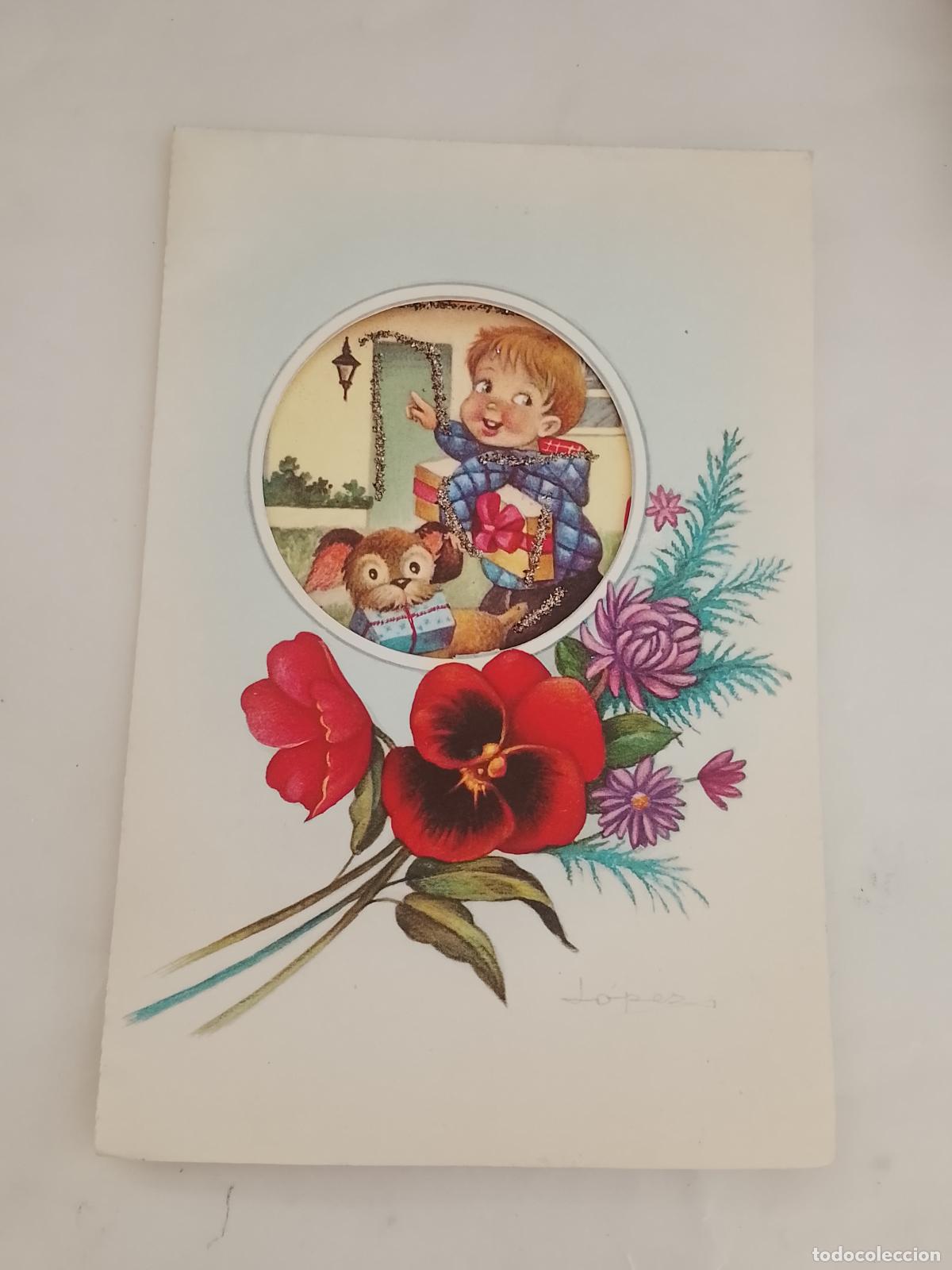 Postales: Felicitaci&oacute;n tarjeta Navidad purpurina troqueladas relieve a&ntilde;os 60 L&oacute;pez