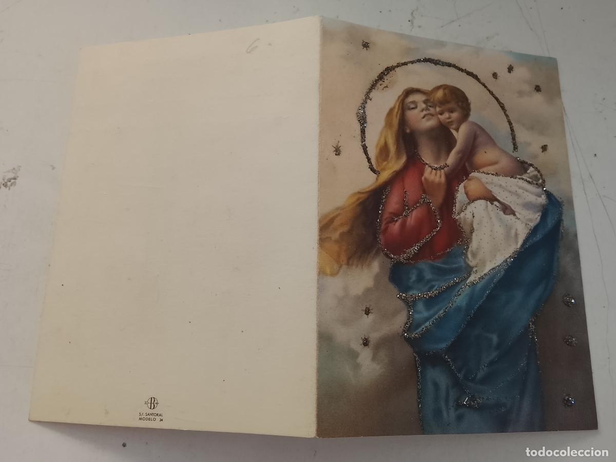 Postales: Felicitaci&oacute;n tarjeta Navidad purpurina relieve a&ntilde;os 60 Virgen Inmaculada Ni&ntilde;o Jes&uacute;s