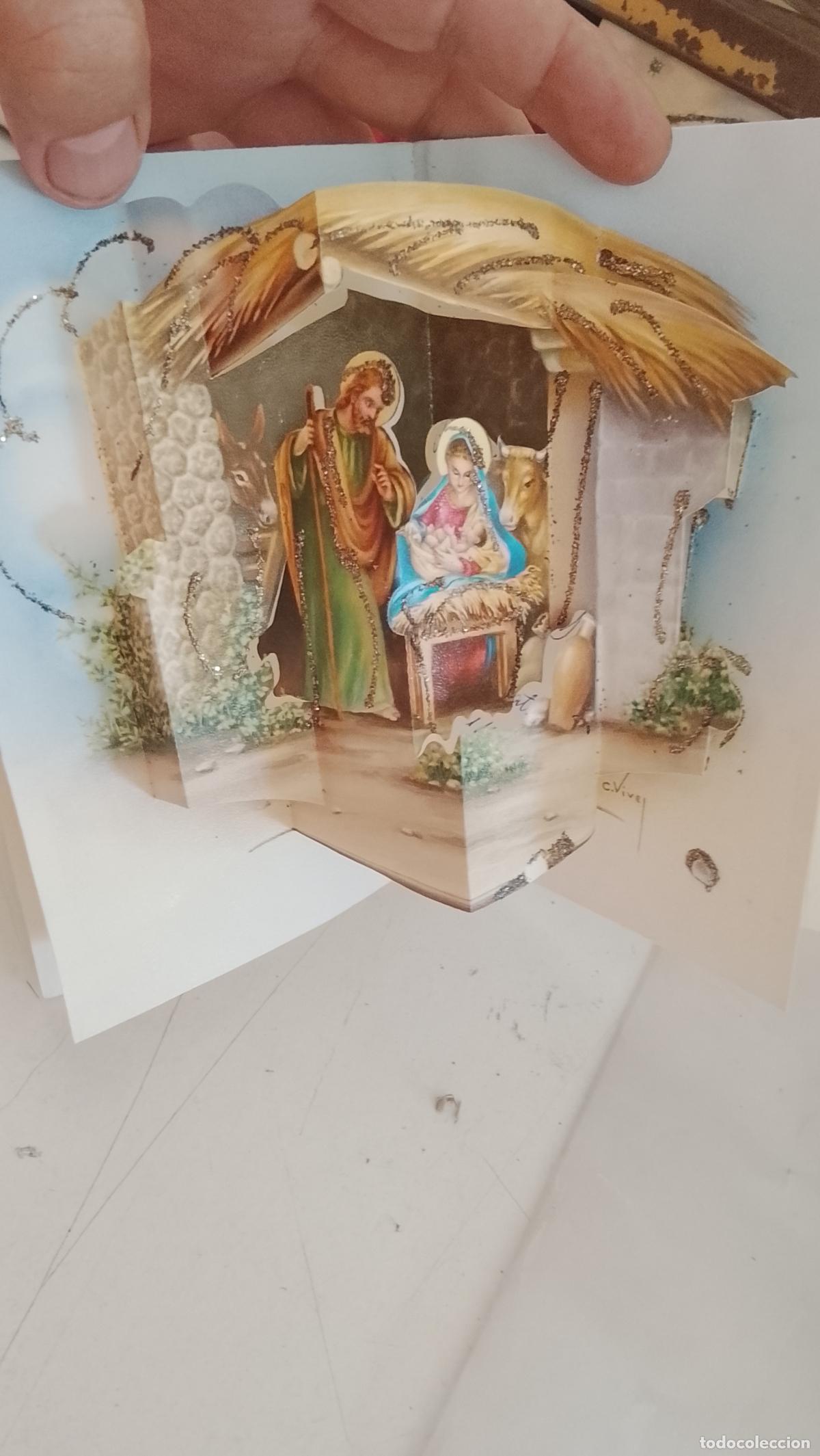Postales: Felicitaci&oacute;n tarjeta Navidad troquelada purpurina relieve a&ntilde;os 50/60 portal de Bel&eacute;n vive