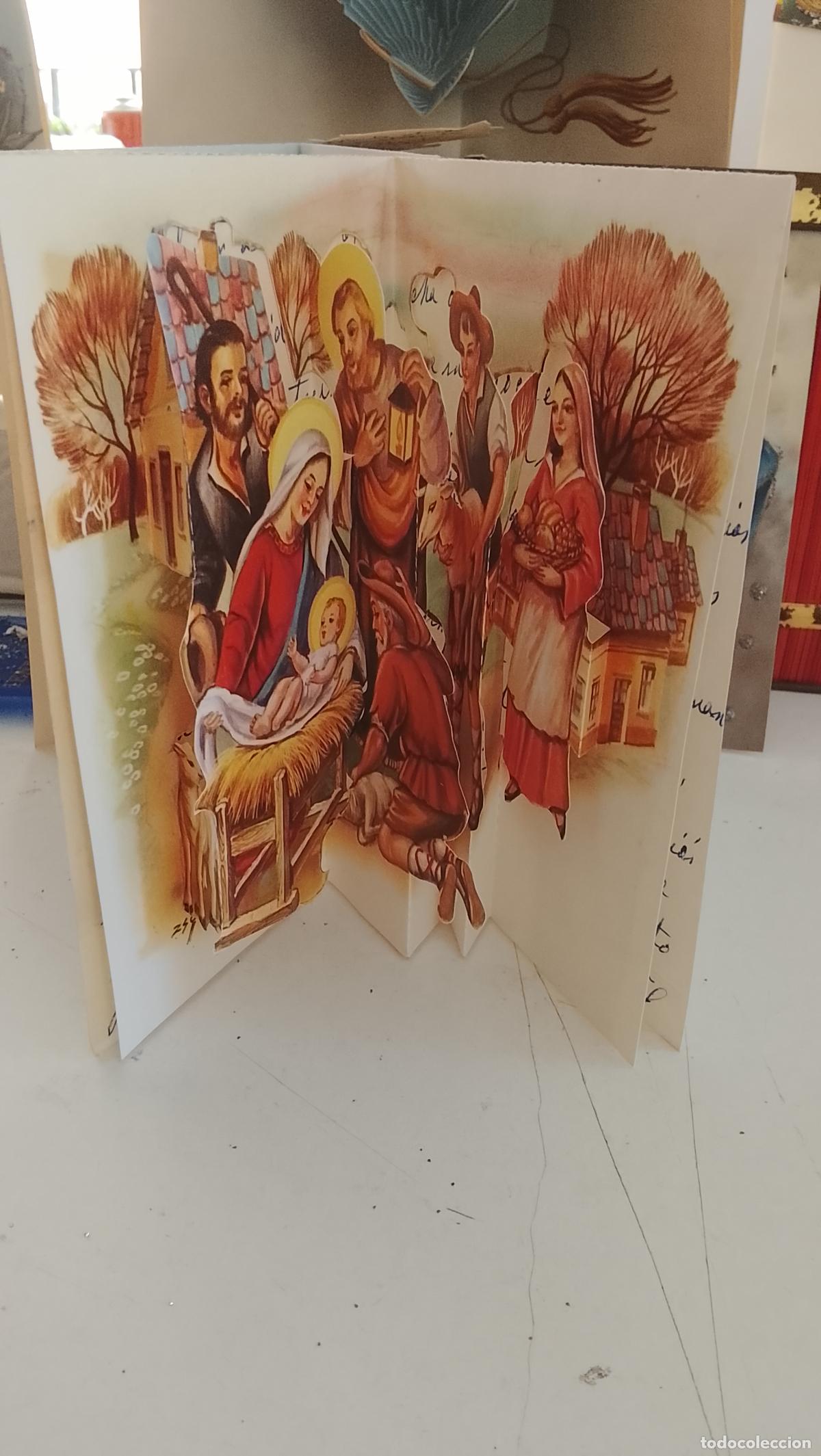Postales: Felicitaci&oacute;n tarjeta Navidad troquelada purpurina relieve a&ntilde;os 50/60 portal de Bel&eacute;n