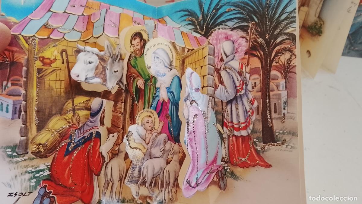 Postales: Felicitaci&oacute;n tarjeta Navidad troquelada purpurina relieve a&ntilde;os 50/60 portal de Bel&eacute;n