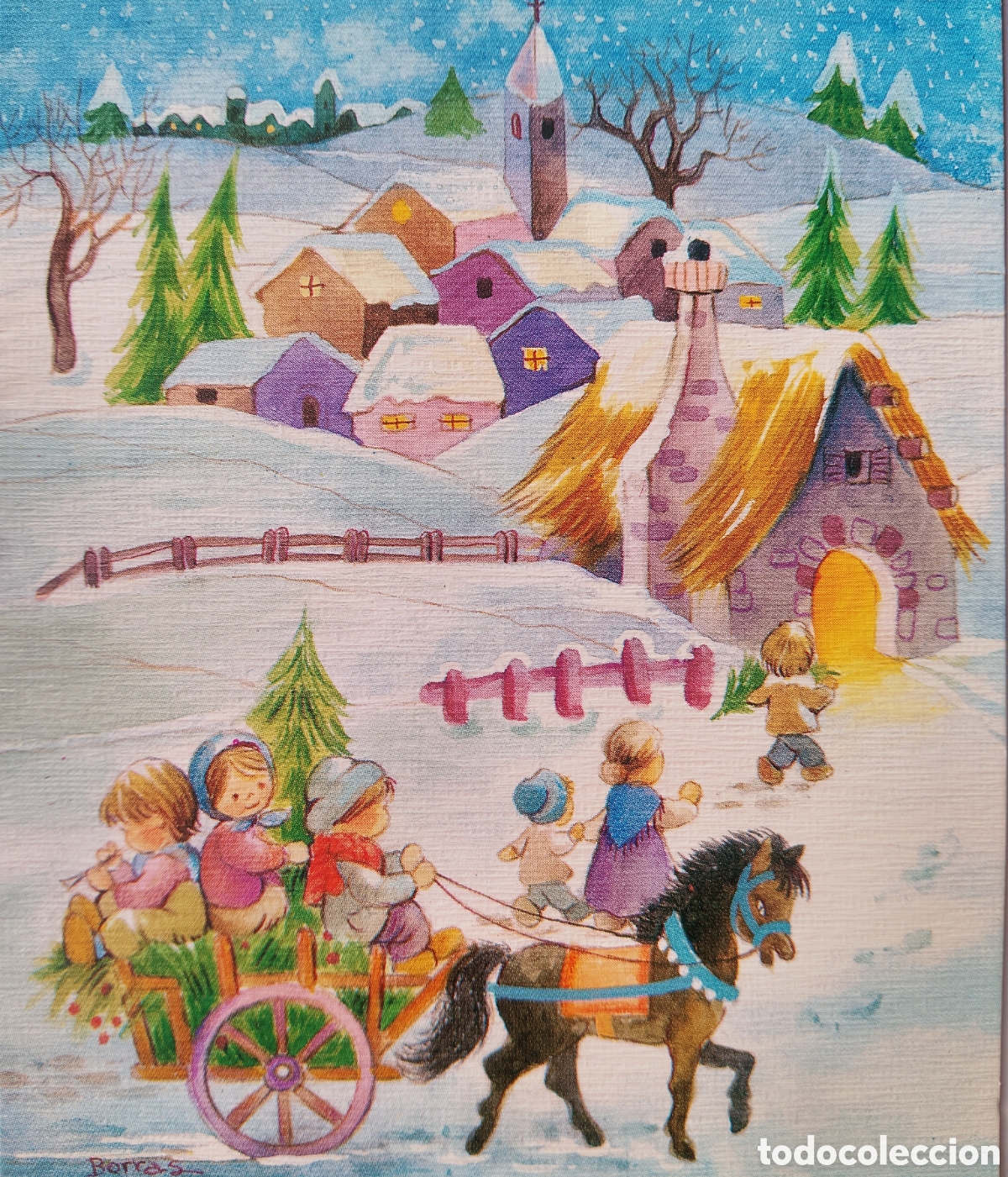 Postales: FELICITACI&Oacute;N NAVIDAD - BORR&Aacute;S - EDICIONES ORTIZ - NI&Ntilde;OS CABALLO PAISAJE NEVADO
