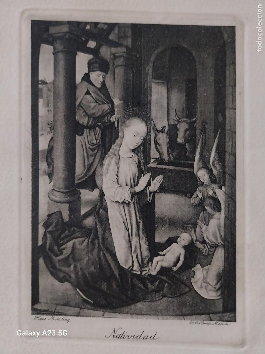 Postales: PORTAL BELEN GRABADO FELICITACION NAVIDAD DIPTICO HANS MEMLING 18X14CMS ESCRITA A&Ntilde;O 1952