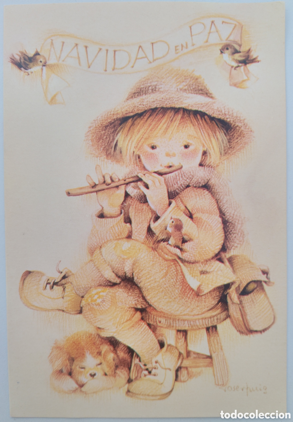 Postales: FELICITACI&Oacute;N NAVIDAD - ROSER PUIG - EDICIONES SABADELL - NI&Ntilde;O PERRITO PAJARITOS