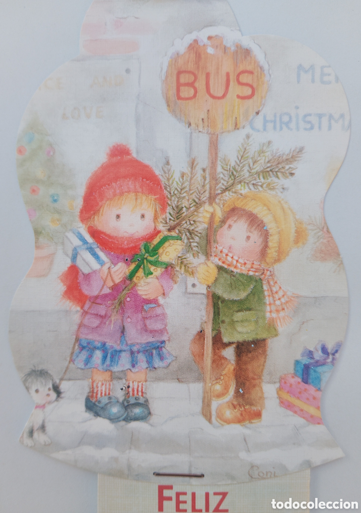 Postales: FELICITACI&Oacute;N NAVIDAD CALENDARIO - CONI CONSTANZA - A&Ntilde;O 1991 - NI&Ntilde;OS PERRITO PARADA BUS