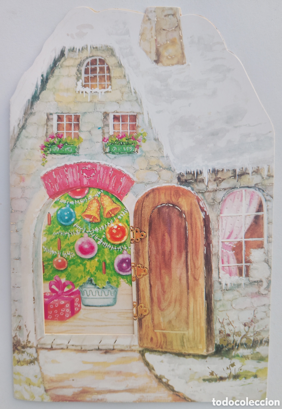 Postales: FELICITACI&Oacute;N NAVIDAD CON VENTANA TROQUELADA - EDICIONES SUBI - CASITA NEVADA GATITO &Aacute;RBOL REGALOS