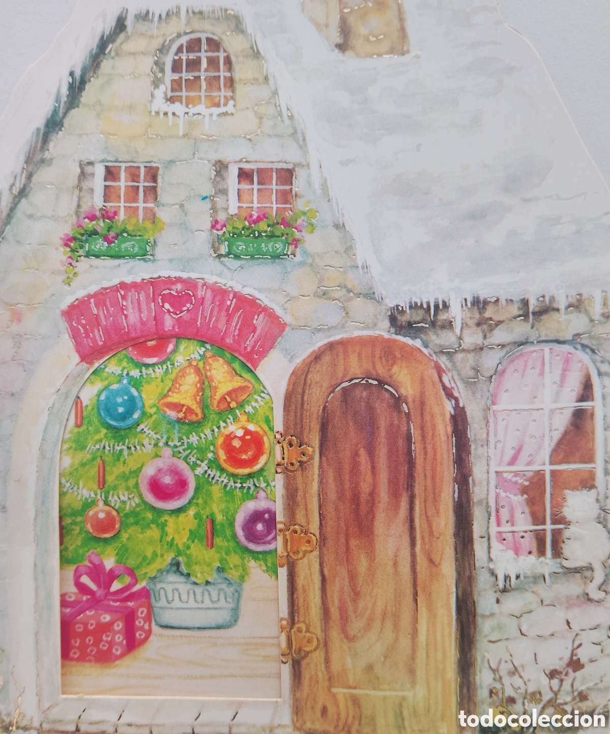 Postkarten: FELICITACI&Oacute;N NAVIDAD TROQUELADA - EDICIONES SUBI - CASITA NEVADA GATITO &Aacute;RBOL REGALOS