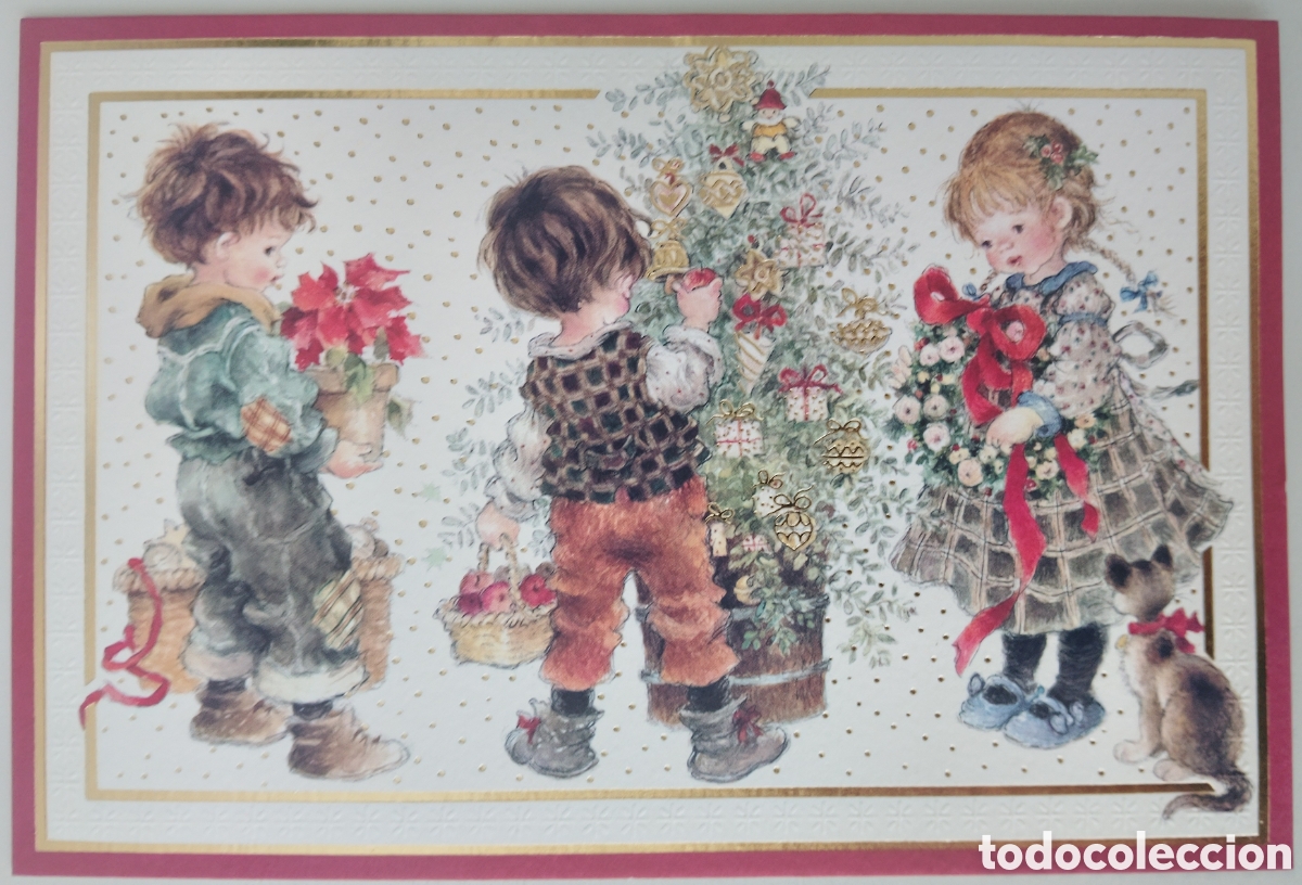 Postales: FELICITACI&Oacute;N NAVIDAD - &iquest;ROSA BATLL&Eacute;? - EDICIONES BUSQUETS - NI&Ntilde;OS &Aacute;RBOL GATITO