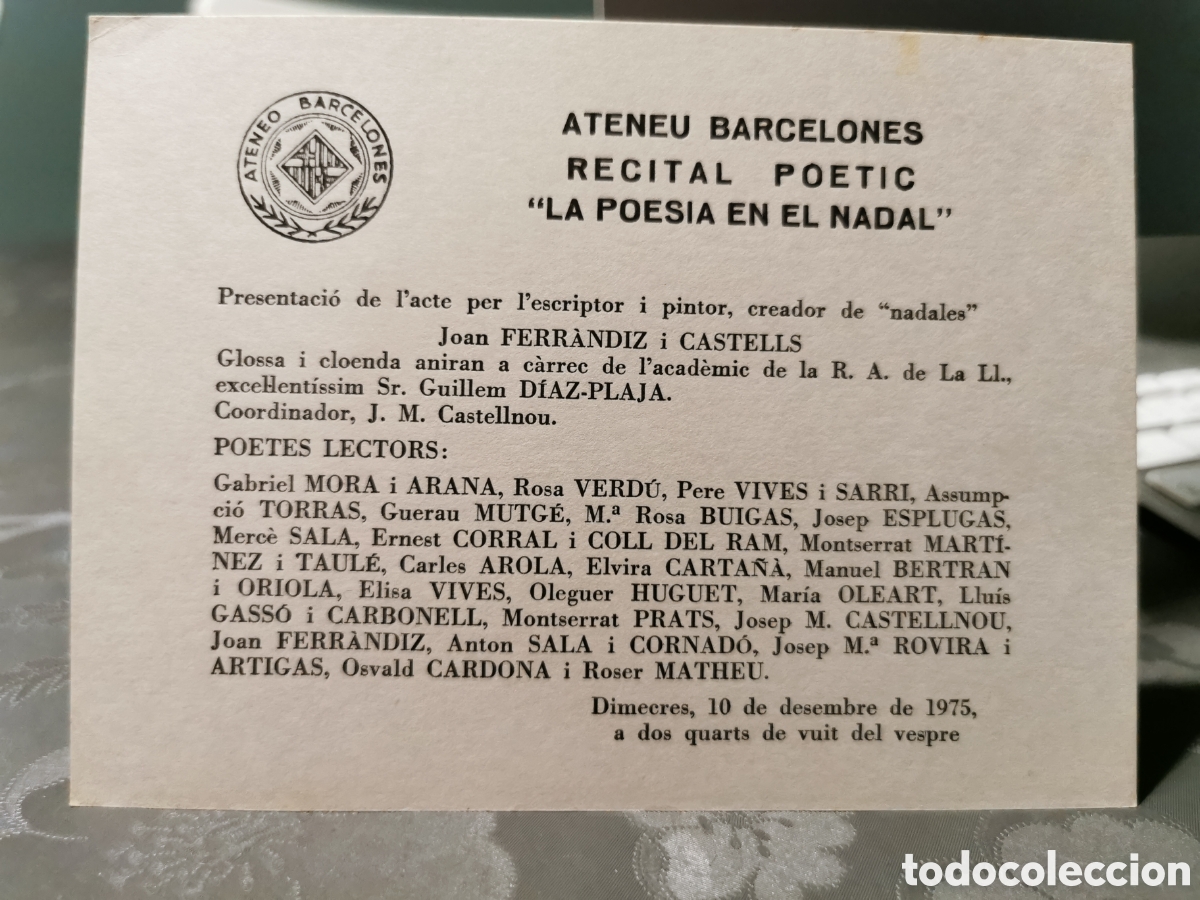 Postales: Invitaci&oacute;n recital po&eacute;tico &rdquo;La poesia en el nadal&rdquo; en el ateneu Barcelones a cargo de Ferrandiz 1975