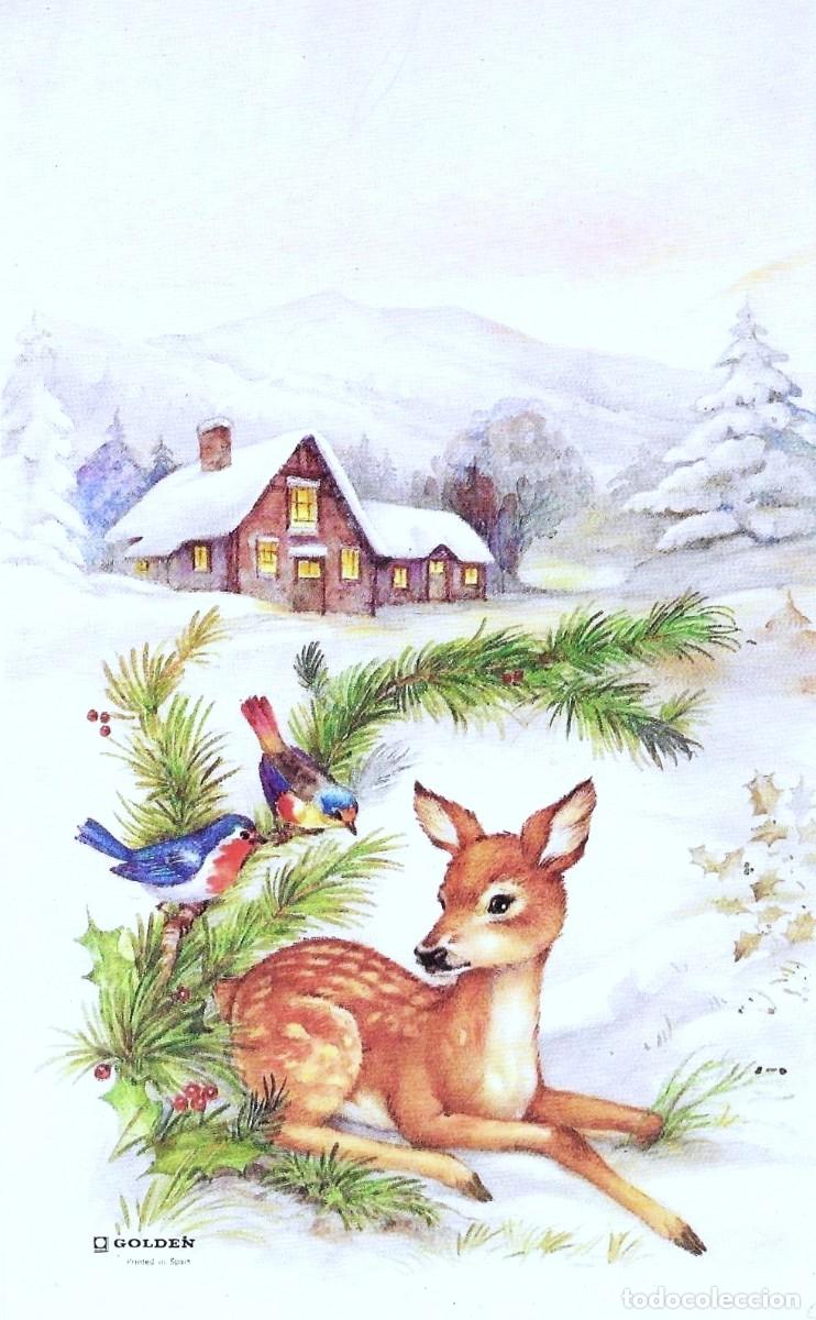Postales: 7387P - PAISAJE NEVADO, BAMBI, PAJARITOS, MU&Eacute;RDAGO - EDICIONES GOLDEN 13,5X8,5 CM