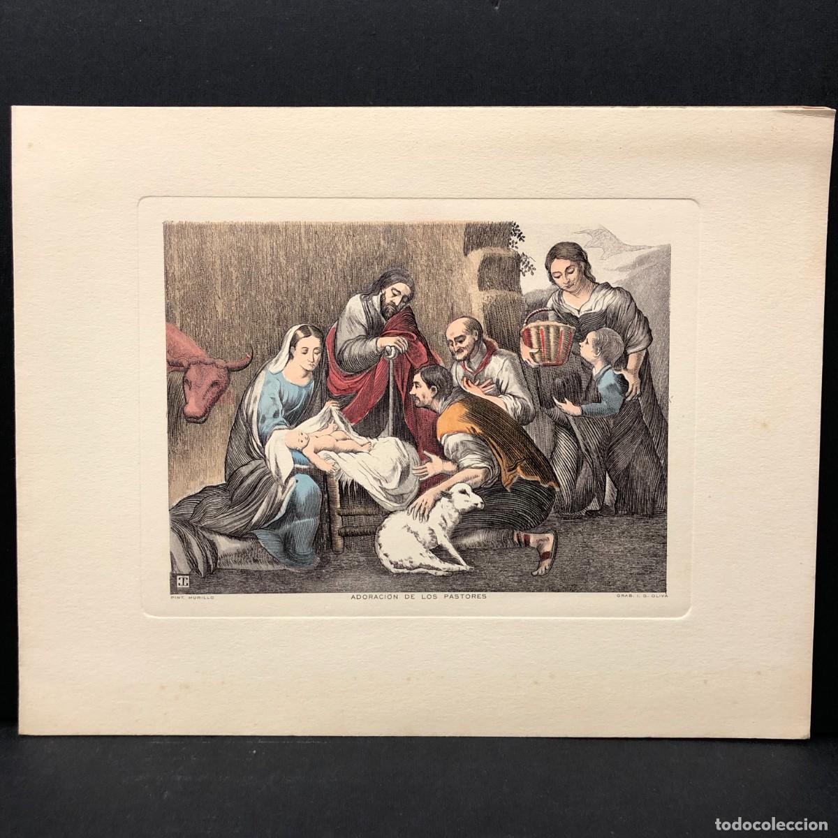 Postales: FELICITACI&Oacute;N NAVIDE&Ntilde;A COLOREADA A MANO - MURILLO - ADORACI&Oacute;N DE LOS PASTORES - L&Eacute;RIDA 1954 / 350