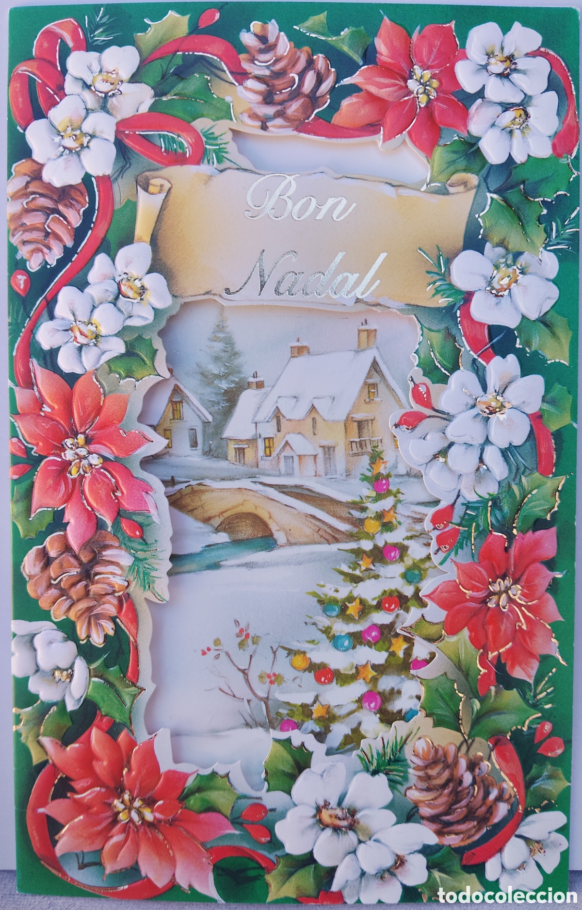 Postales: FELICITACI&Oacute;N NAVIDAD RELIEVE CON VENTANA - EDICIONES GOLDEN - PAISAJE NEVADO