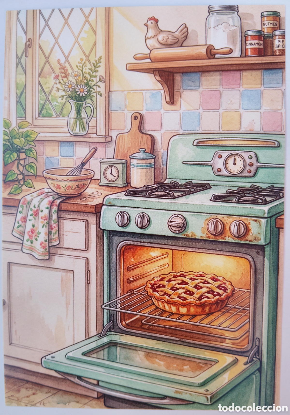Postales: POSTAL - ESCENA HOGARE&Ntilde;A COCINA HORNO TARTA - ESTILO ANTIGUO