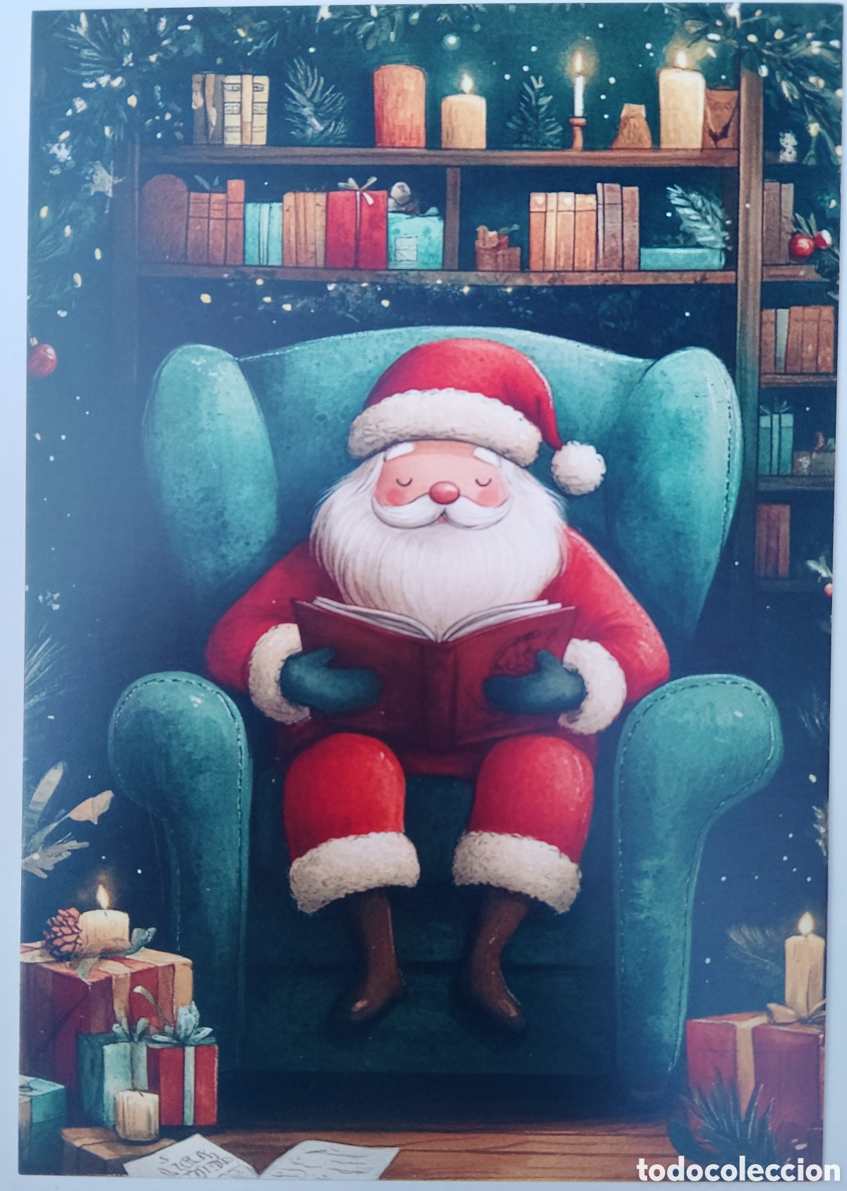 Postales: POSTAL NAVIDAD - PAP&Aacute; NOEL LEYENDO SILL&Oacute;N OREJERO - ESTILO ANTIGUO