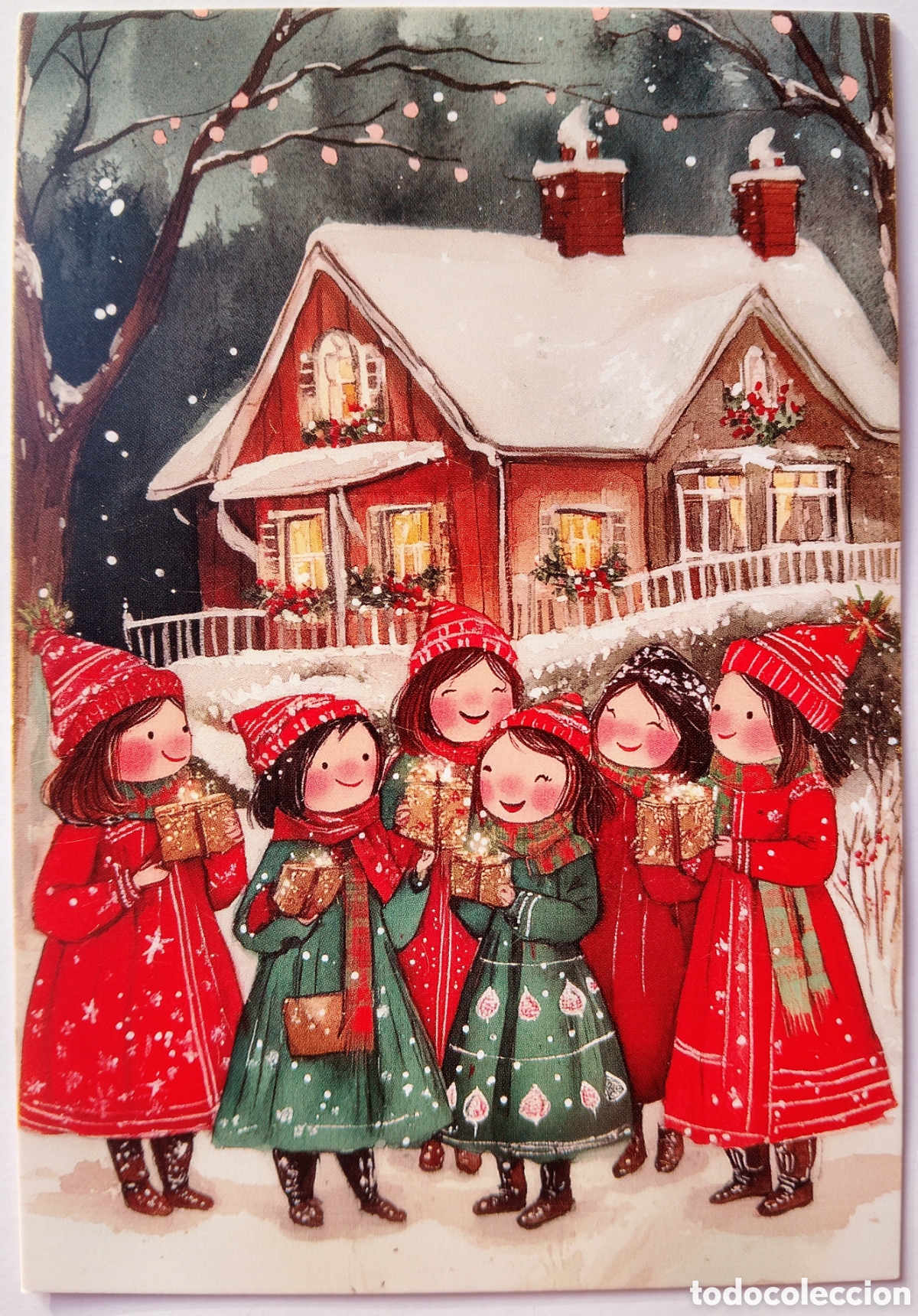 Postales: POSTAL NAVIDAD - NI&Ntilde;AS REGALOS PAISAJE NEVADO - ESTILO ANTIGUO