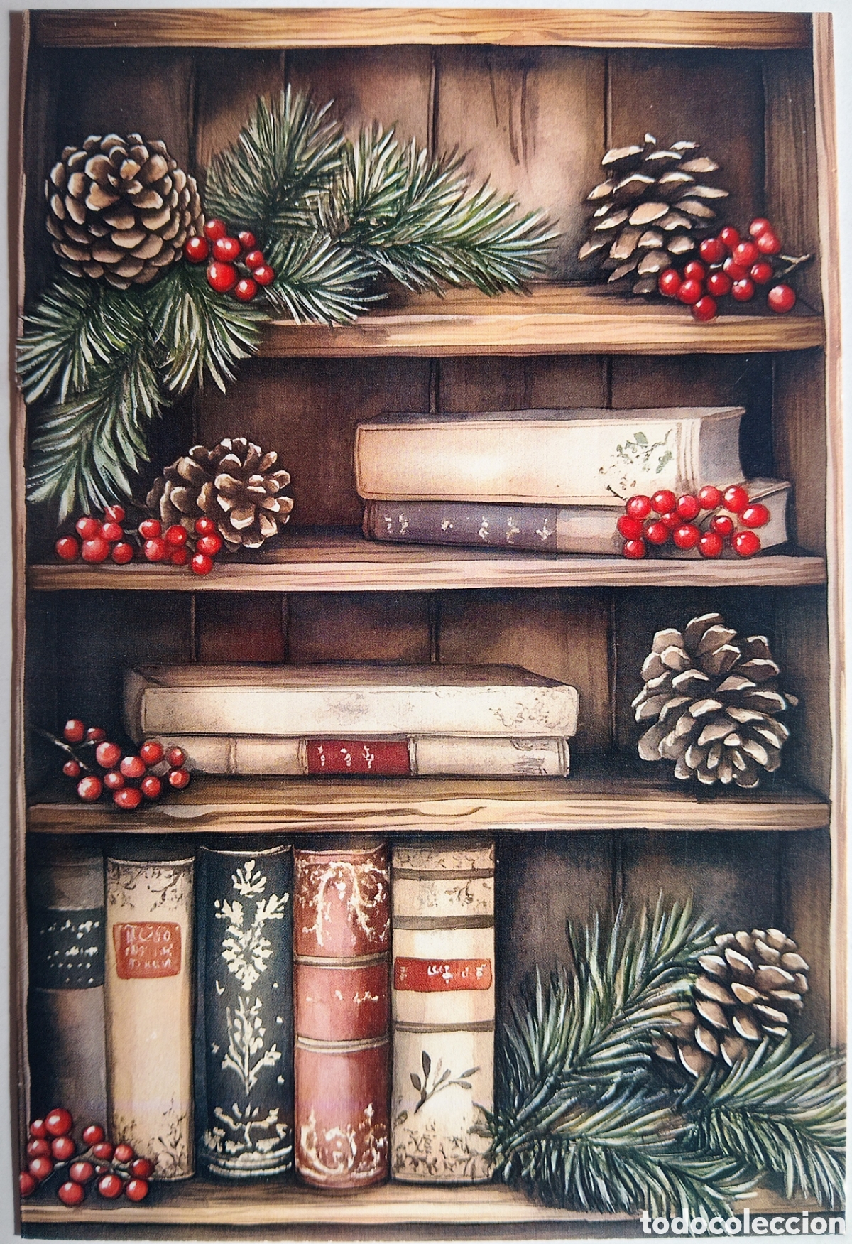 Postales: POSTAL NAVIDAD - DETALLE LIBROS ADORNOS ESTANTER&Iacute;A - ESTILO ANTIGUO