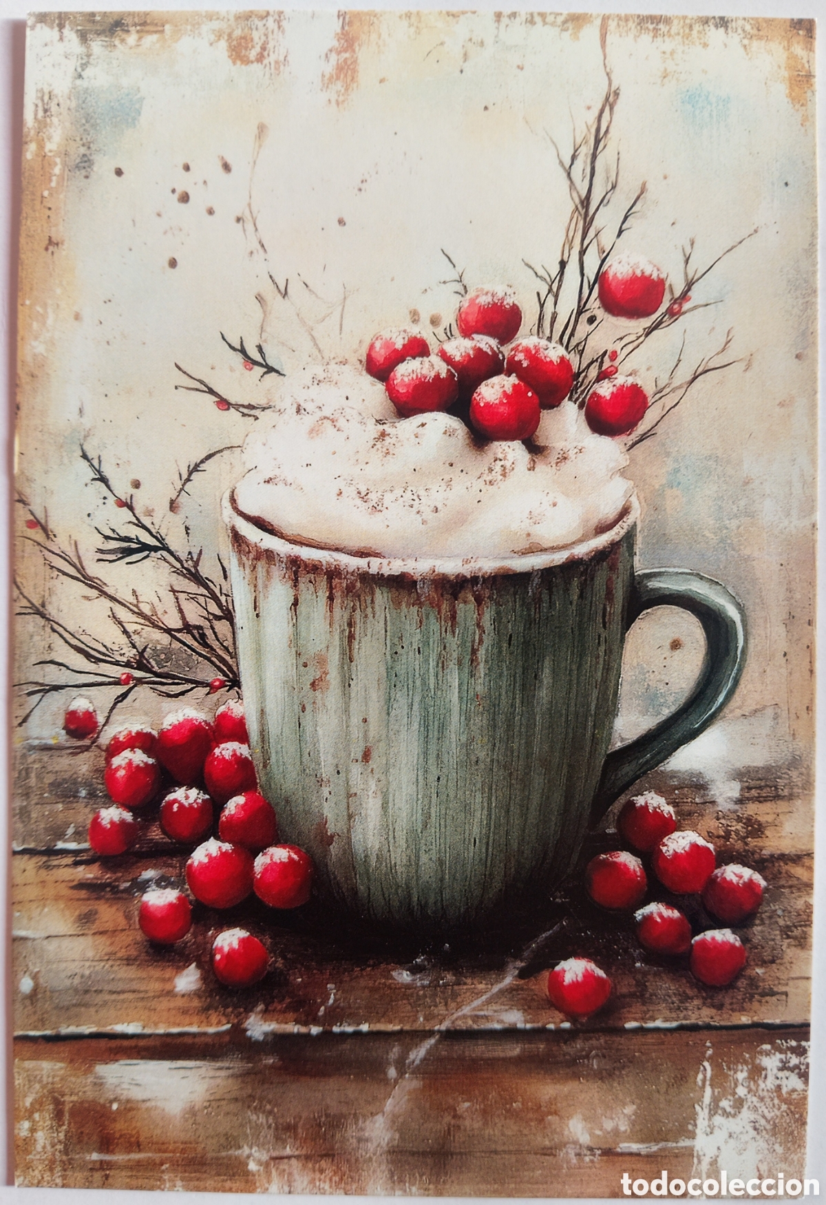 Postales: POSTAL NAVIDAD - DETALLE TAZA DE CHOCOLATE CAF&Eacute; NATA ADORNOS - ESTILO ANTIGUO