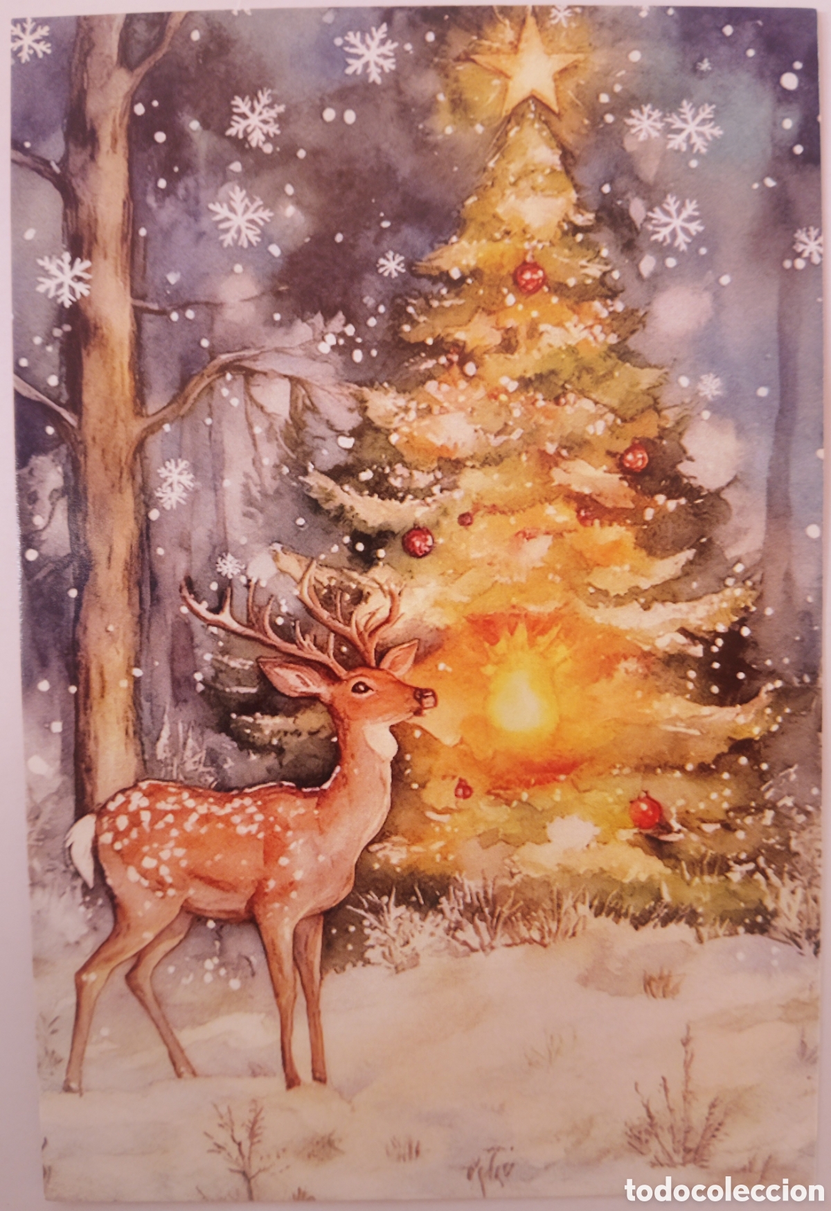 Postales: POSTAL NAVIDAD - CIERVO &Aacute;RBOL BOSQUE - ESTILO ANTIGUO
