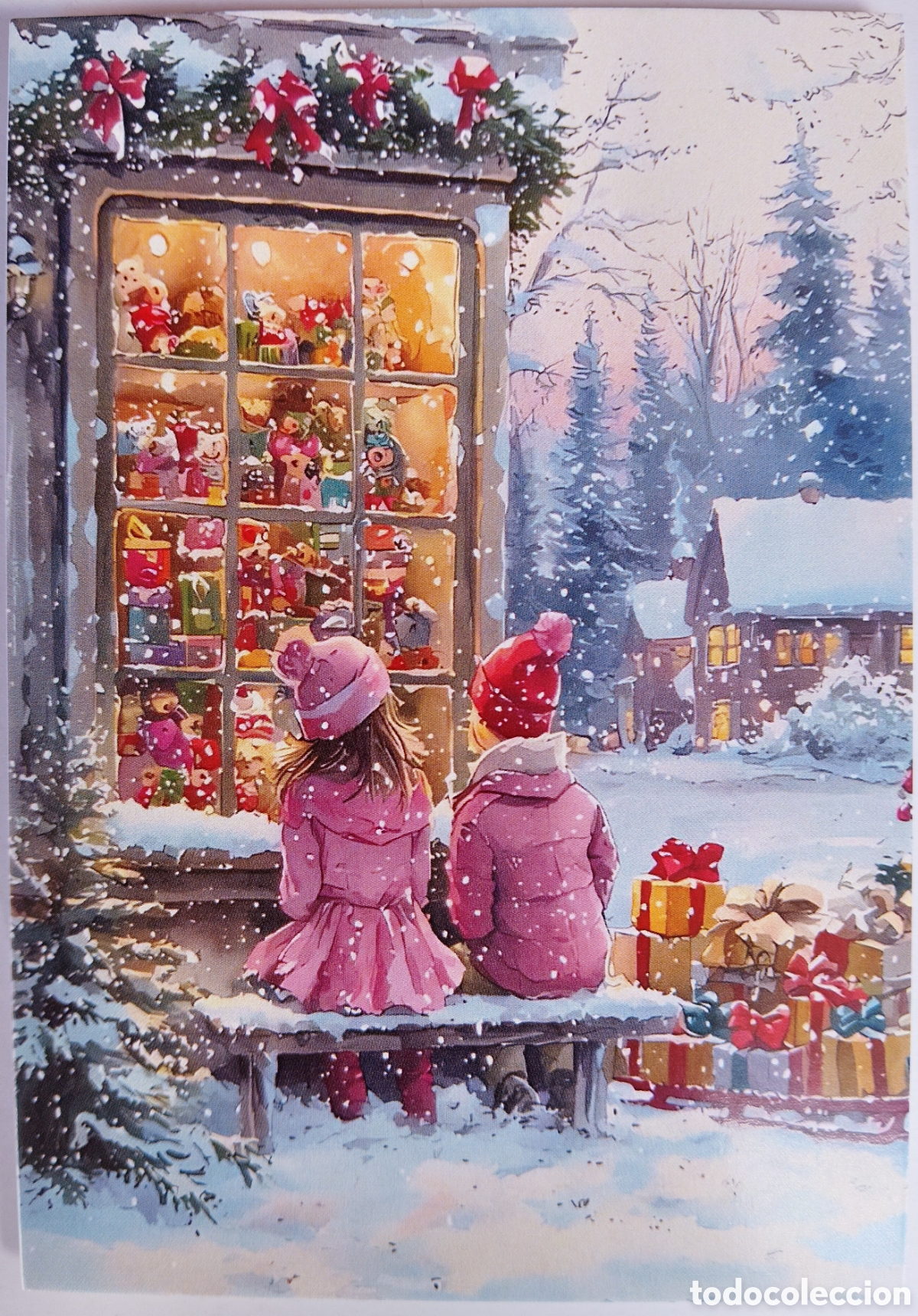 Postales: FELICITACI&Oacute;N NAVIDAD - NI&Ntilde;AS ESCAPARATE TIENDA JUGUETES PAISAJE NEVADO - ESTILO ANTIGUO