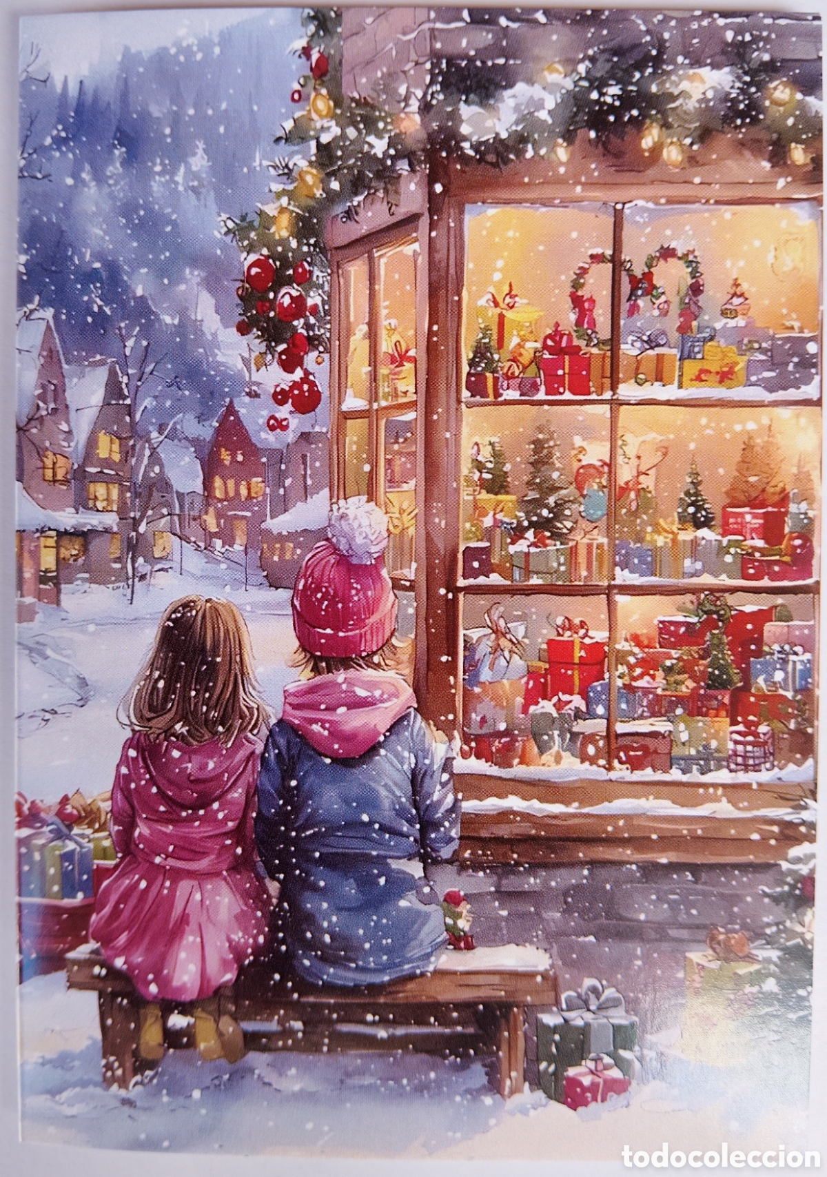 Postales: FELICITACI&Oacute;N NAVIDAD - NI&Ntilde;OS ESCAPARATE TIENDA JUGUETES PAISAJE NEVADO - ESTILO ANTIGUO