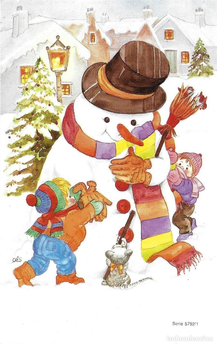 Postales: 0965K - CRIS 5792.1 - PRECIOSA POSTAL -NI&Ntilde;OS ADORNANDO MU&Ntilde;ECO DE NIEVE - 13,5X8,5 CM