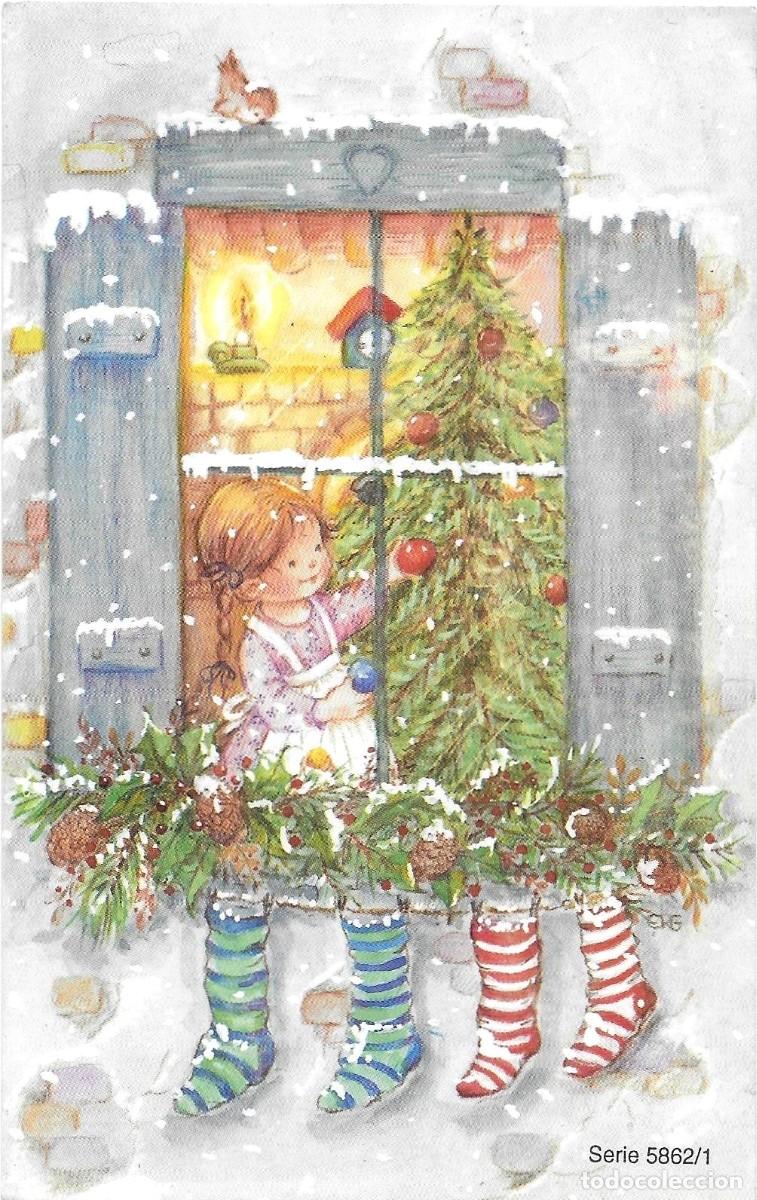 Postales: 0966K - ERG - NI&Ntilde;A EN VENTANA DECORANDO EL &Aacute;RBOL DE NAVIDAD - SERIE 5862.1- 13,5X8,5 CM