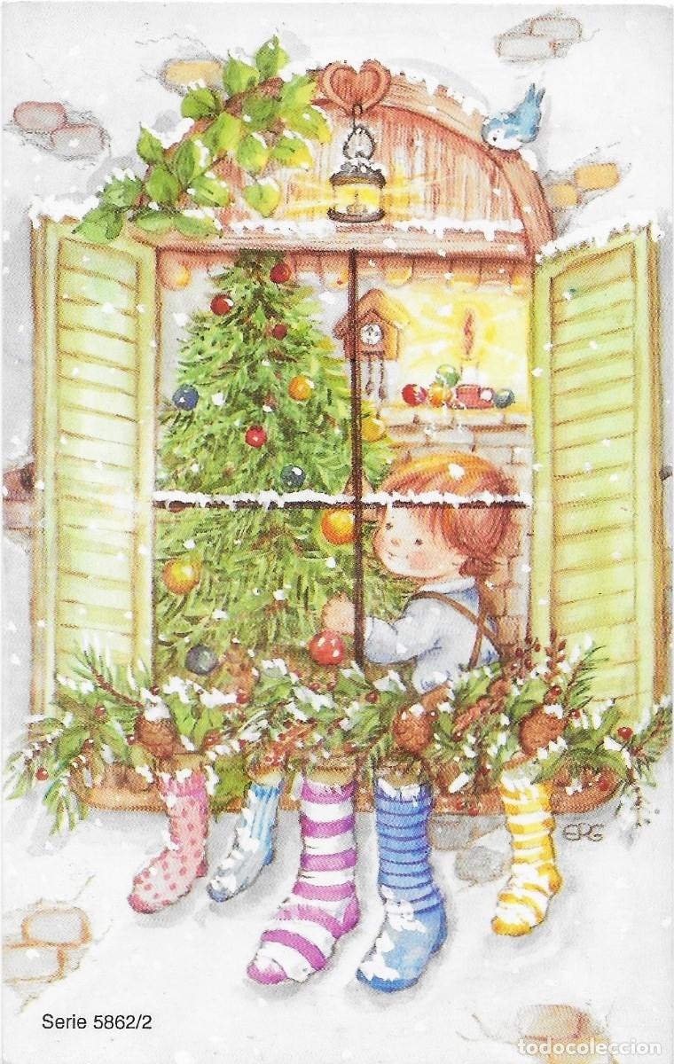 Postales: 0966K - ERG - NI&Ntilde;O EN VENTANA DECORANDO EL &Aacute;RBOL DE NAVIDAD - SERIE 5862.2- 13,5X8,5 CM