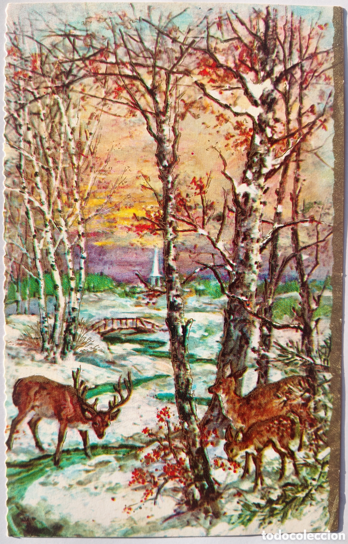 Postales: FELICITACI&Oacute;N NAVIDAD ANTIGUA - CIERVOS PAISAJE NEVADO