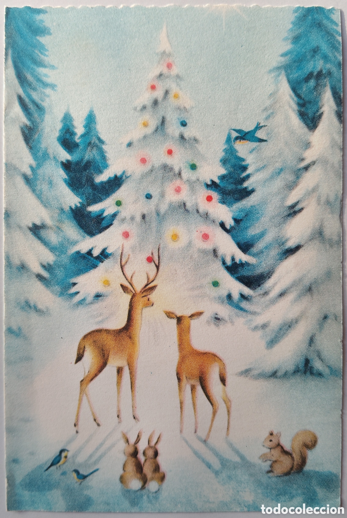 Postales: FELICITACI&Oacute;N NAVIDAD ANTIGUA - CIERVOS &Aacute;RBOL AMIMALITOS PAISAJE NEVADO