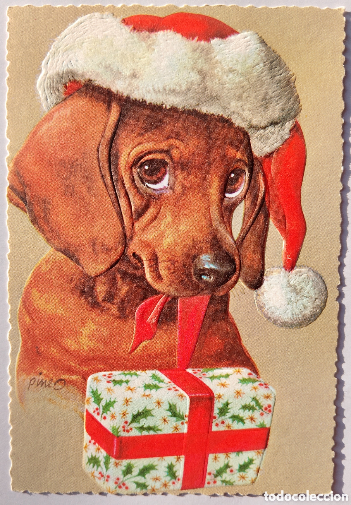 Postales: FELICITACI&Oacute;N NAVIDAD RELIEVE ANTIGUA - PERRITO PERRO GORRO REGALO