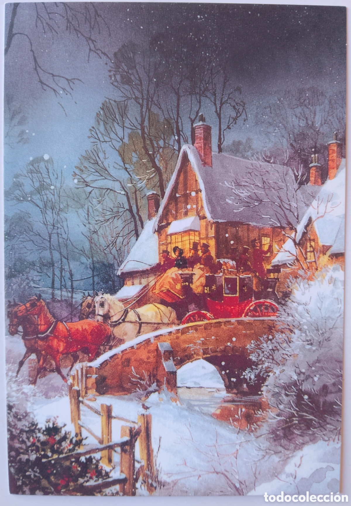 Postales: FELICITACI&Oacute;N NAVIDAD - EDICIONES HALLMARK - COCHE CABALLOS PUENTE PAISAJE NEVADO