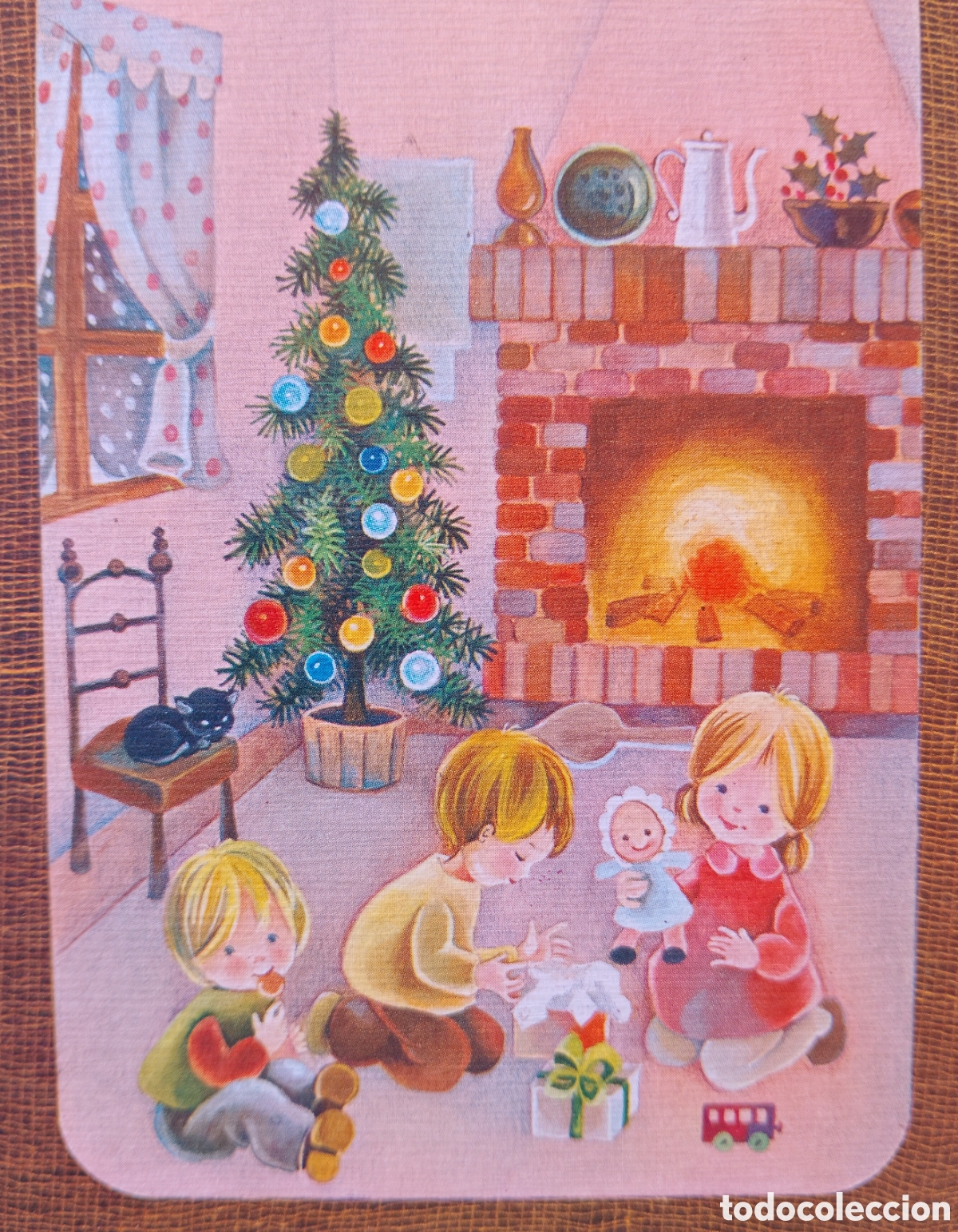 Postales: FELICITACI&Oacute;N NAVIDAD - &iquest;ISABEL? - EDICIONES ORTIZ - ESCENA HOGARE&Ntilde;A NI&Ntilde;OS &Aacute;RBOL GATITO CHIMENEA