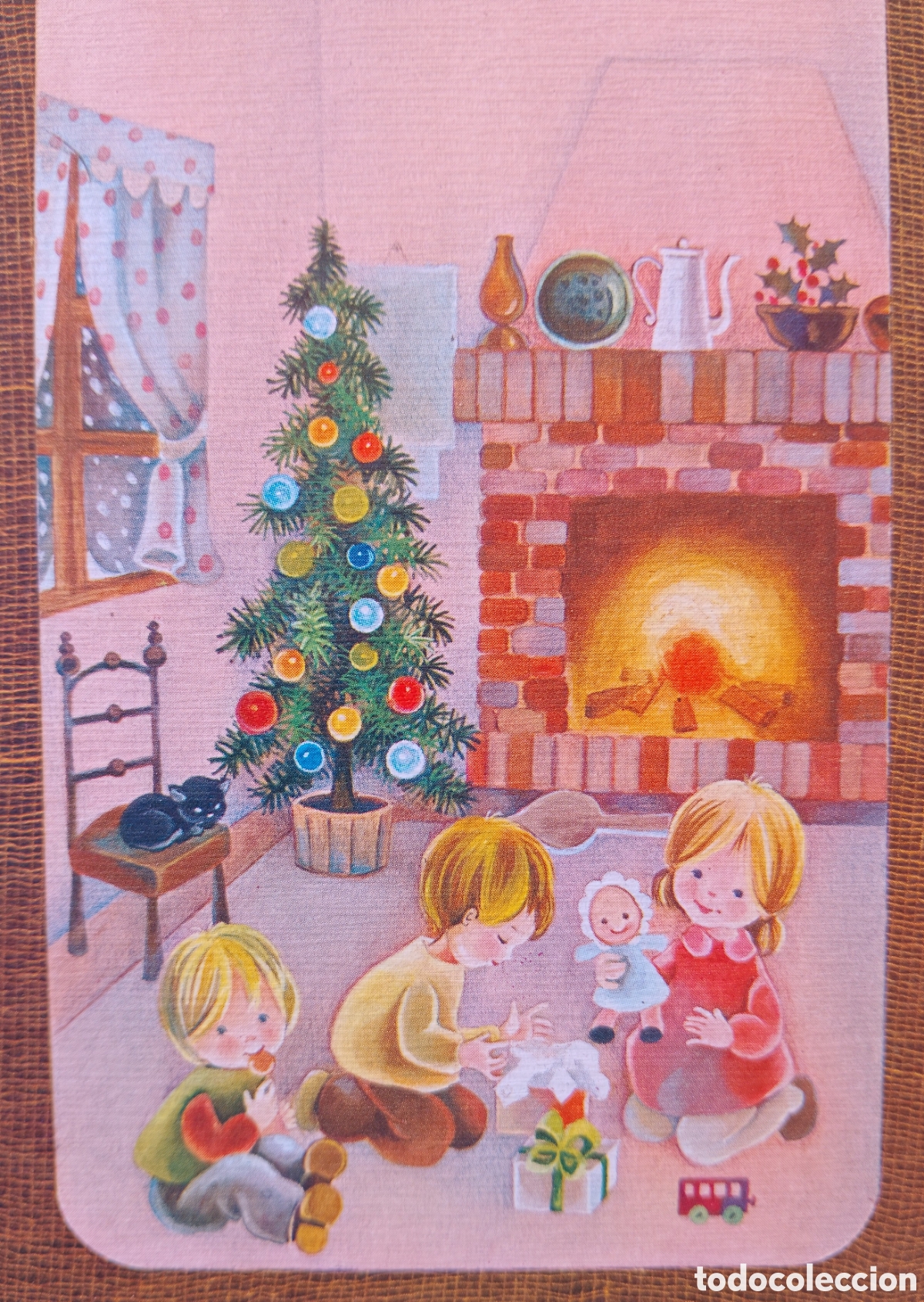 Postales: FELICITACI&Oacute;N NAVIDAD - &iquest;ISABEL? - EDICIONES ORTIZ - ESCENA HOGARE&Ntilde;A NI&Ntilde;OS &Aacute;RBOL GATITO CHIMENEA