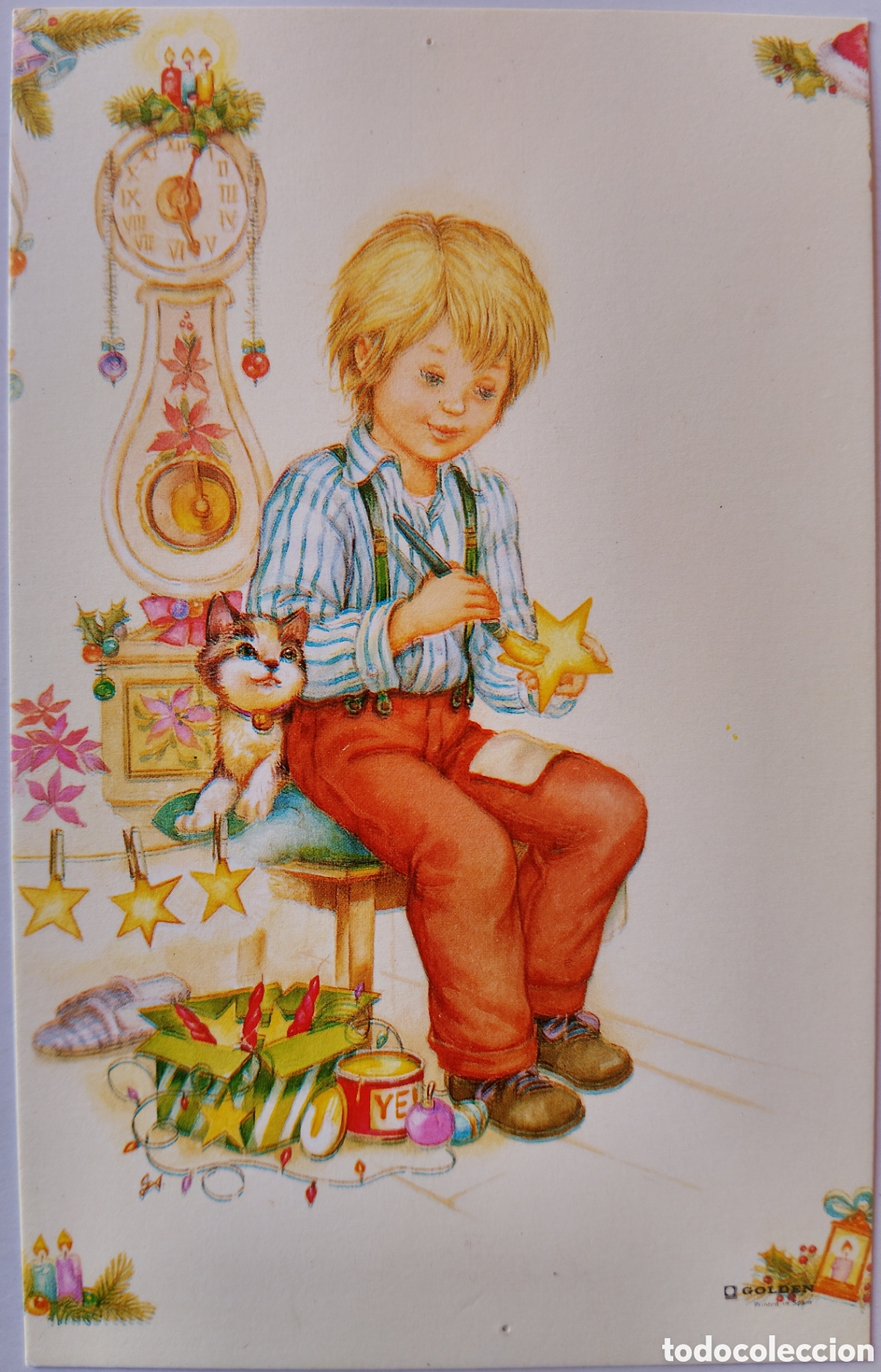 Postales: FELICITACI&Oacute;N NAVIDAD - EDICIONES GOLDEN - NI&Ntilde;O PERRITO ADORNOS RELOJ